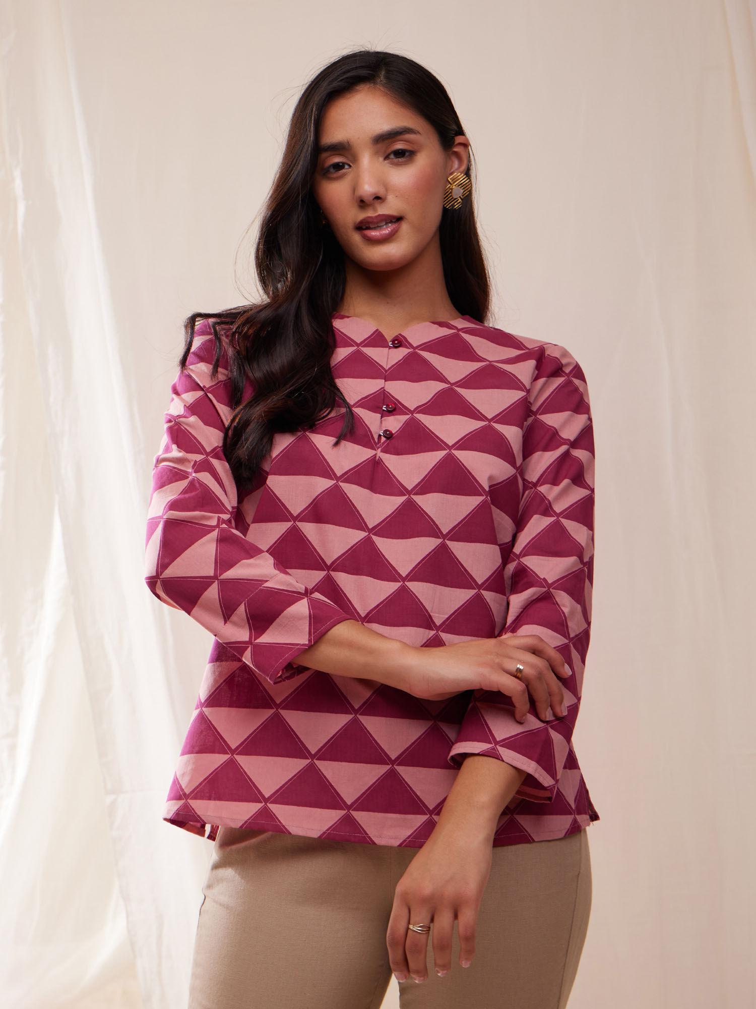 cotton geometric print top- pink