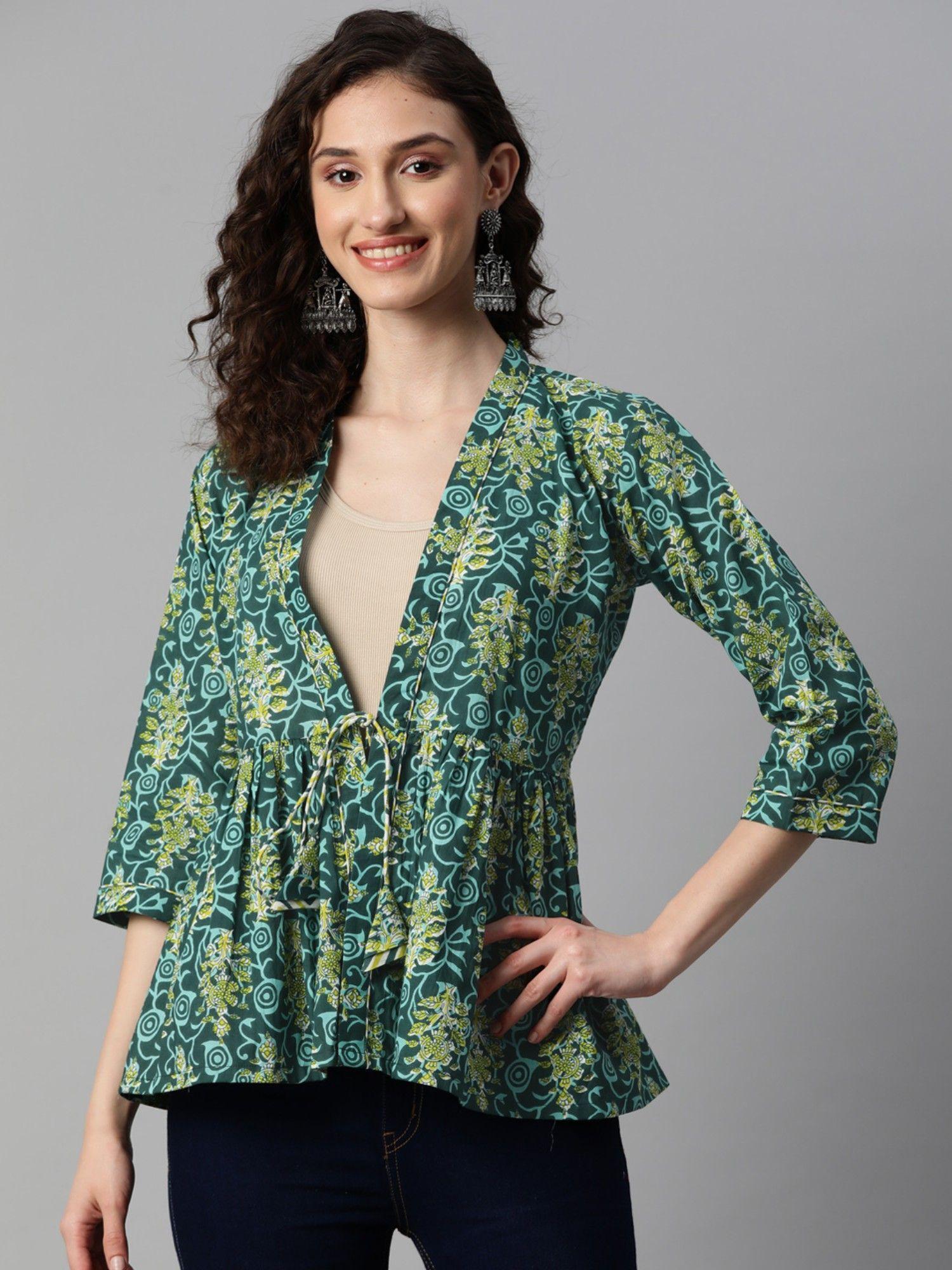 cotton green floral print peplum shrug