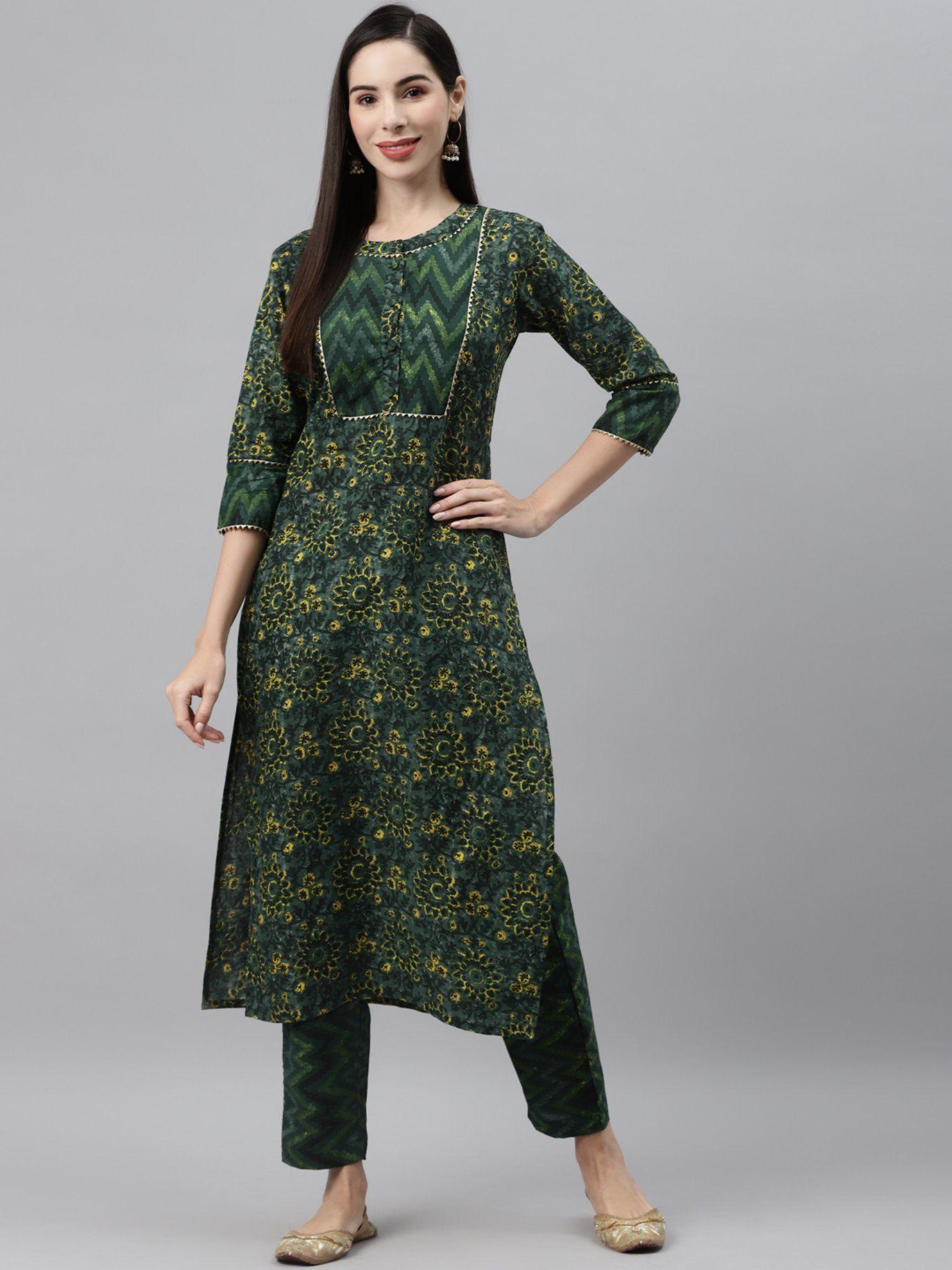 cotton green floral print straight kurta with trouser (set of 2)