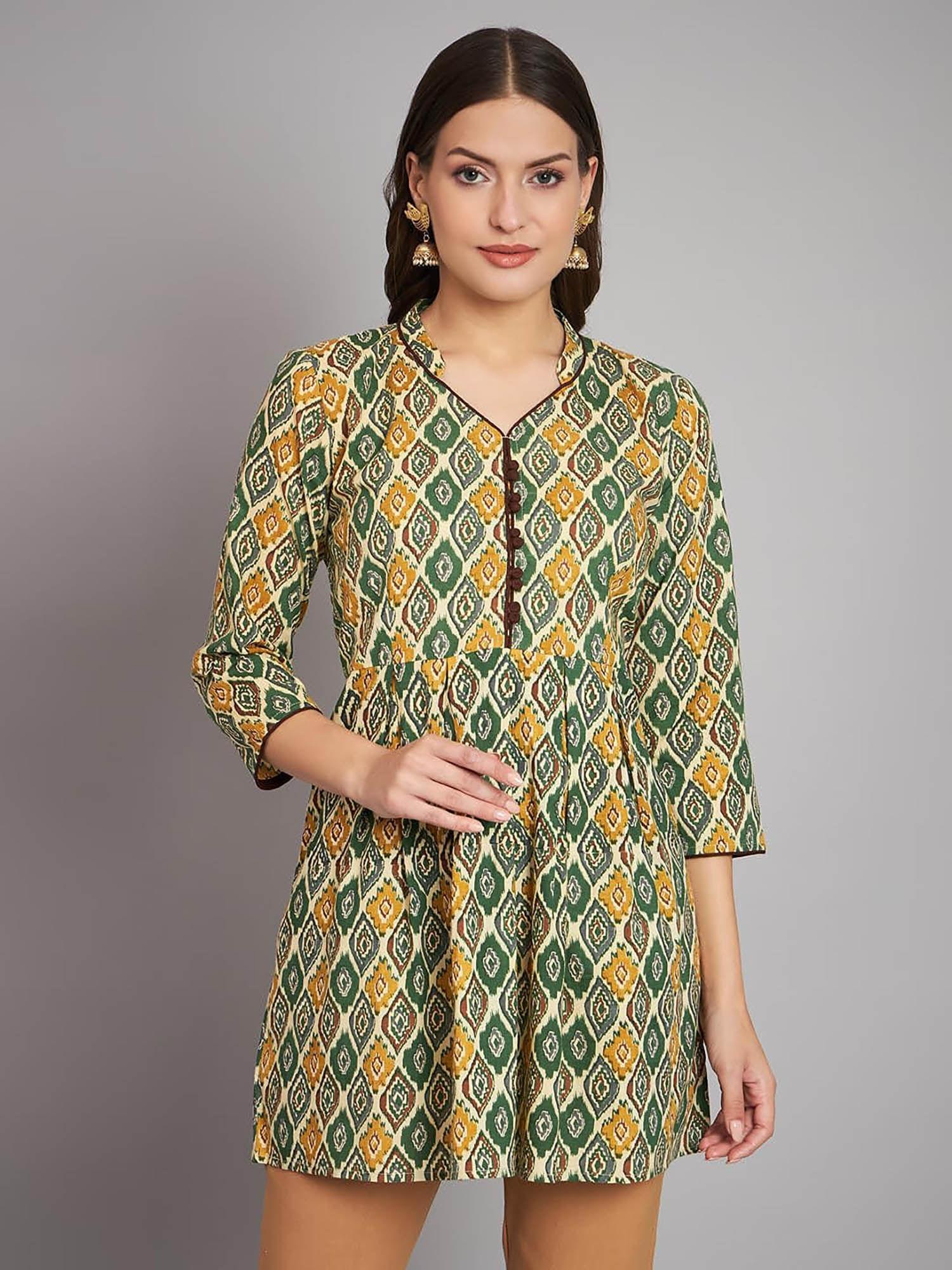 cotton green ikat printed short kurti with silver shimmer button embellishment