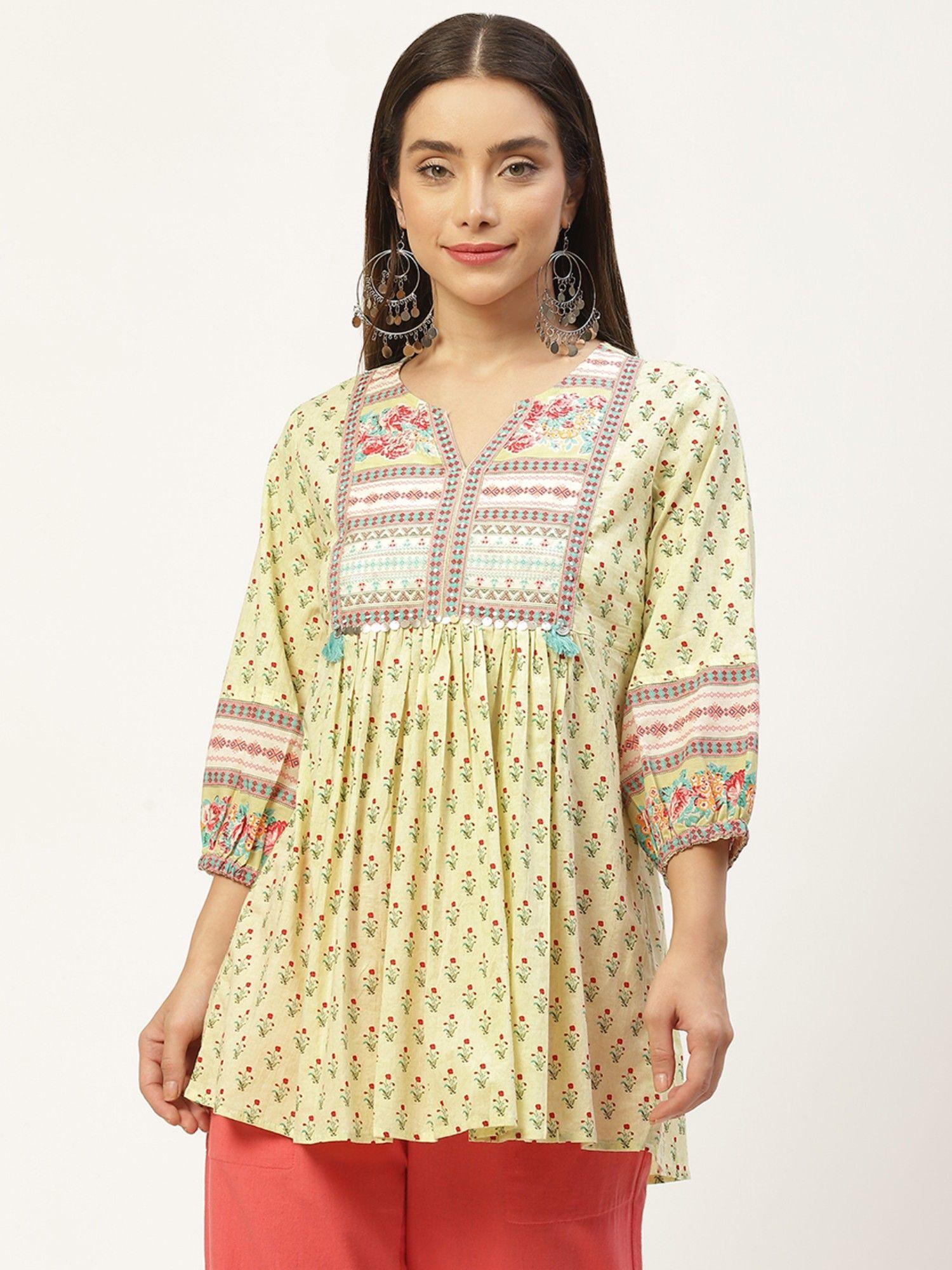 cotton green printed round neck three fourth sleeves women top