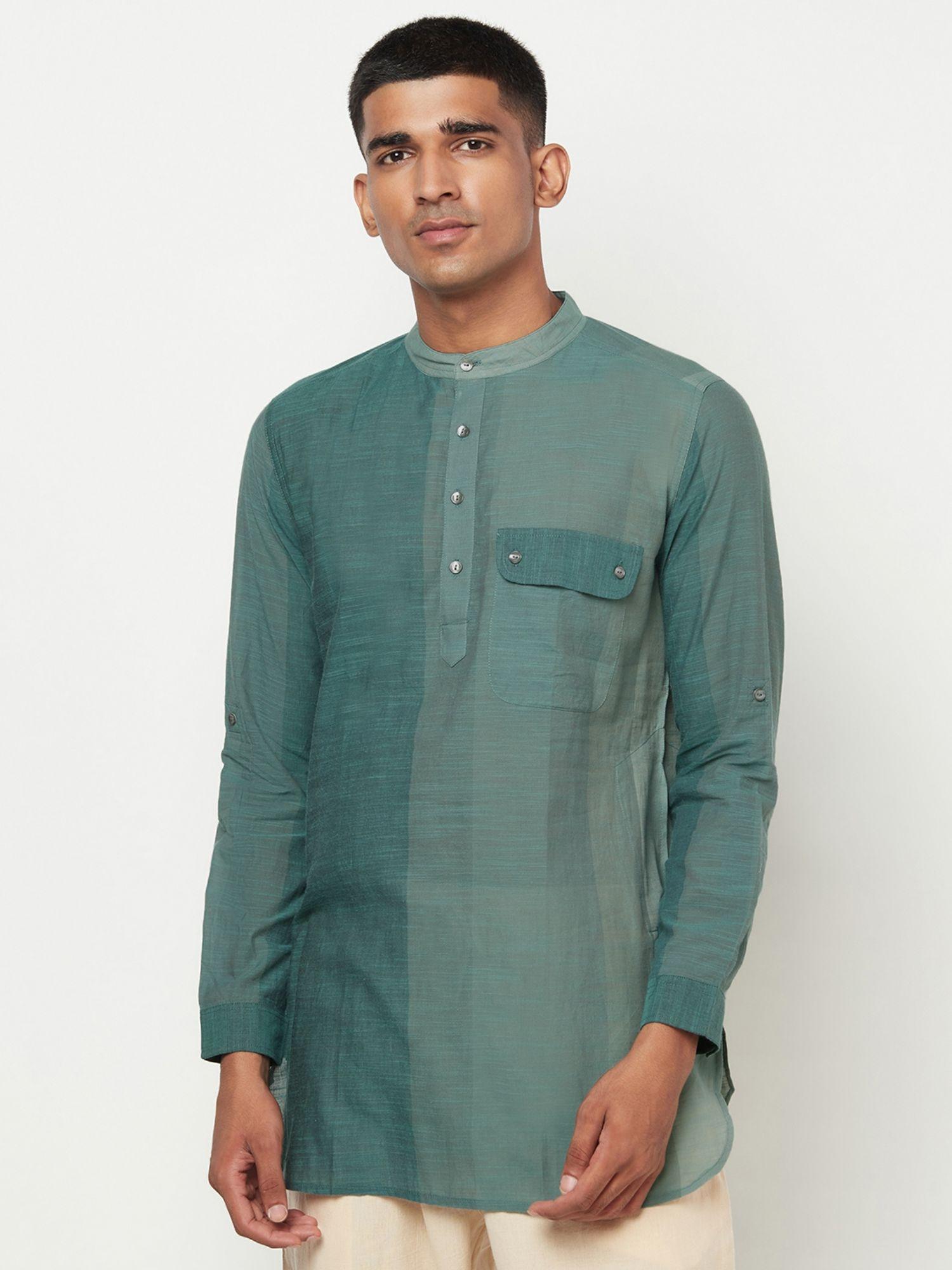 cotton green striped men short kurta