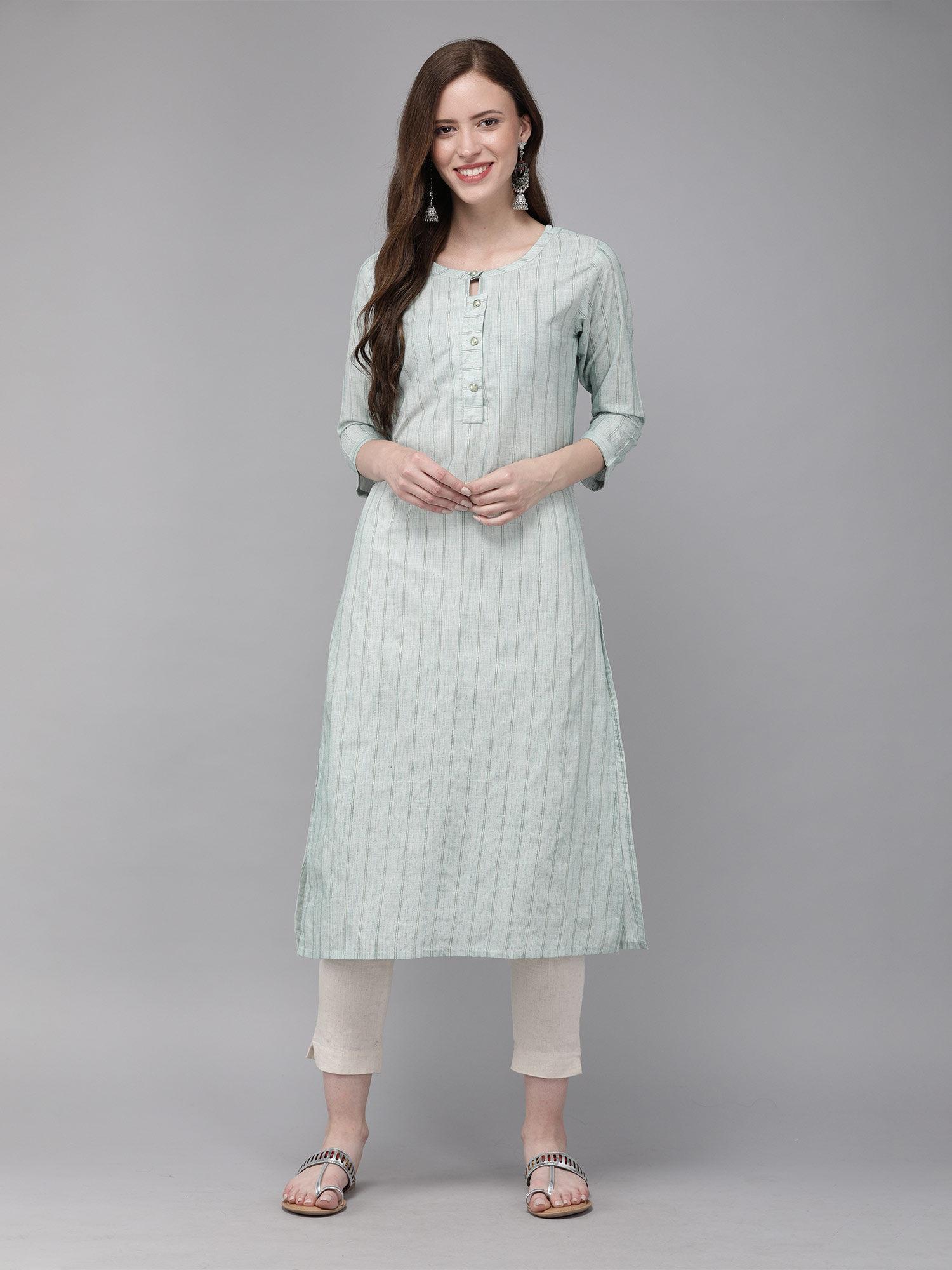 cotton green striped straight casual kurta