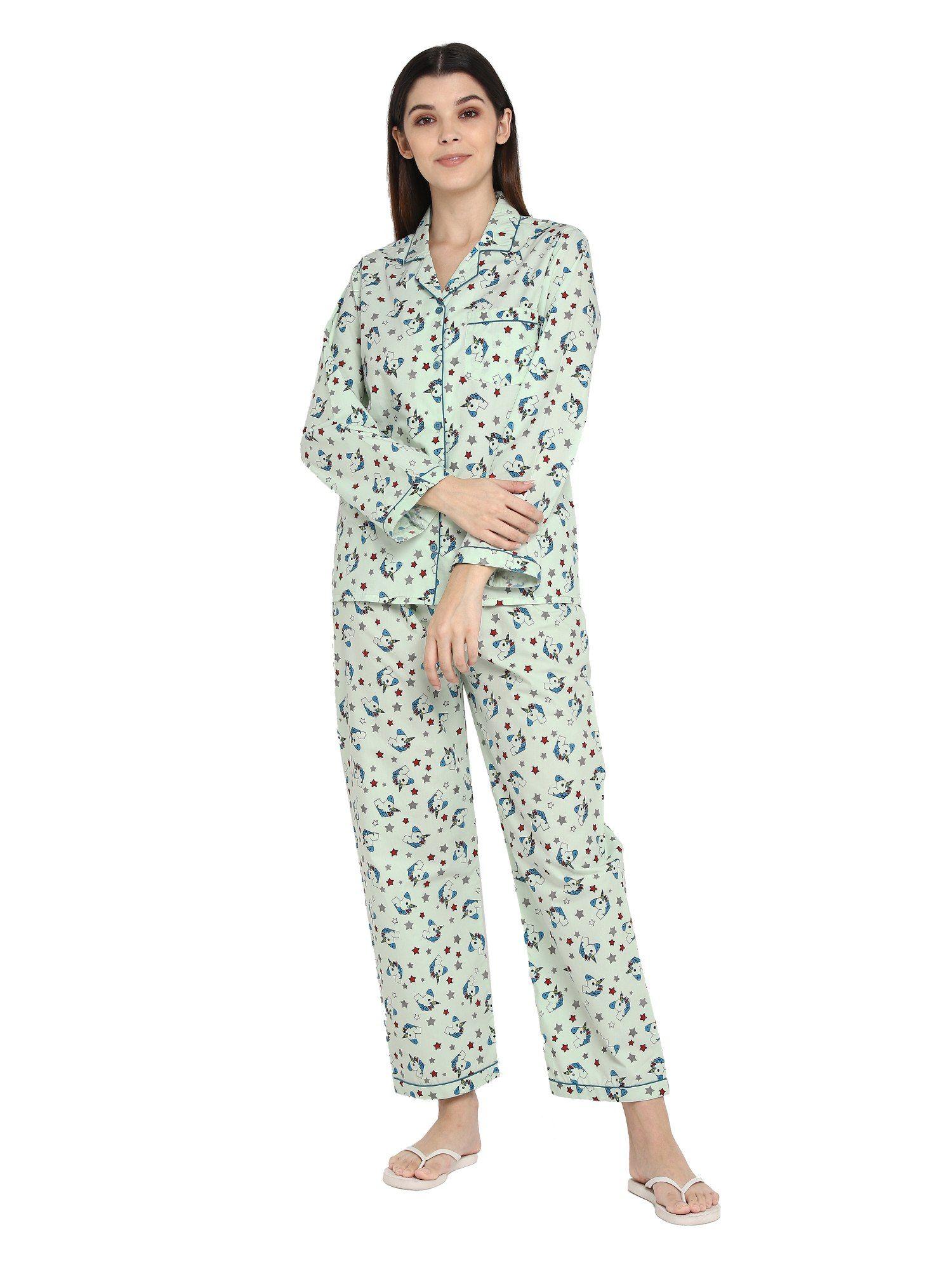 cotton grey unicorn star print long sleeve with pajama set | women's night suit