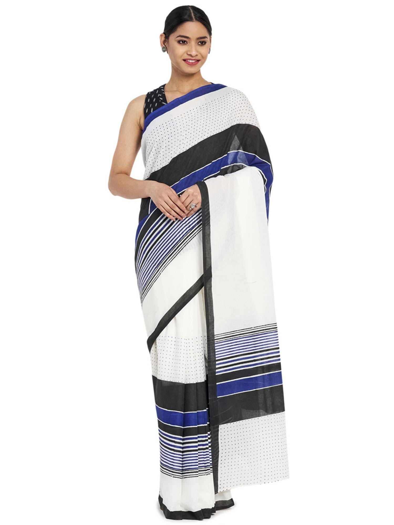 cotton hand block printed saree without blouse - off white