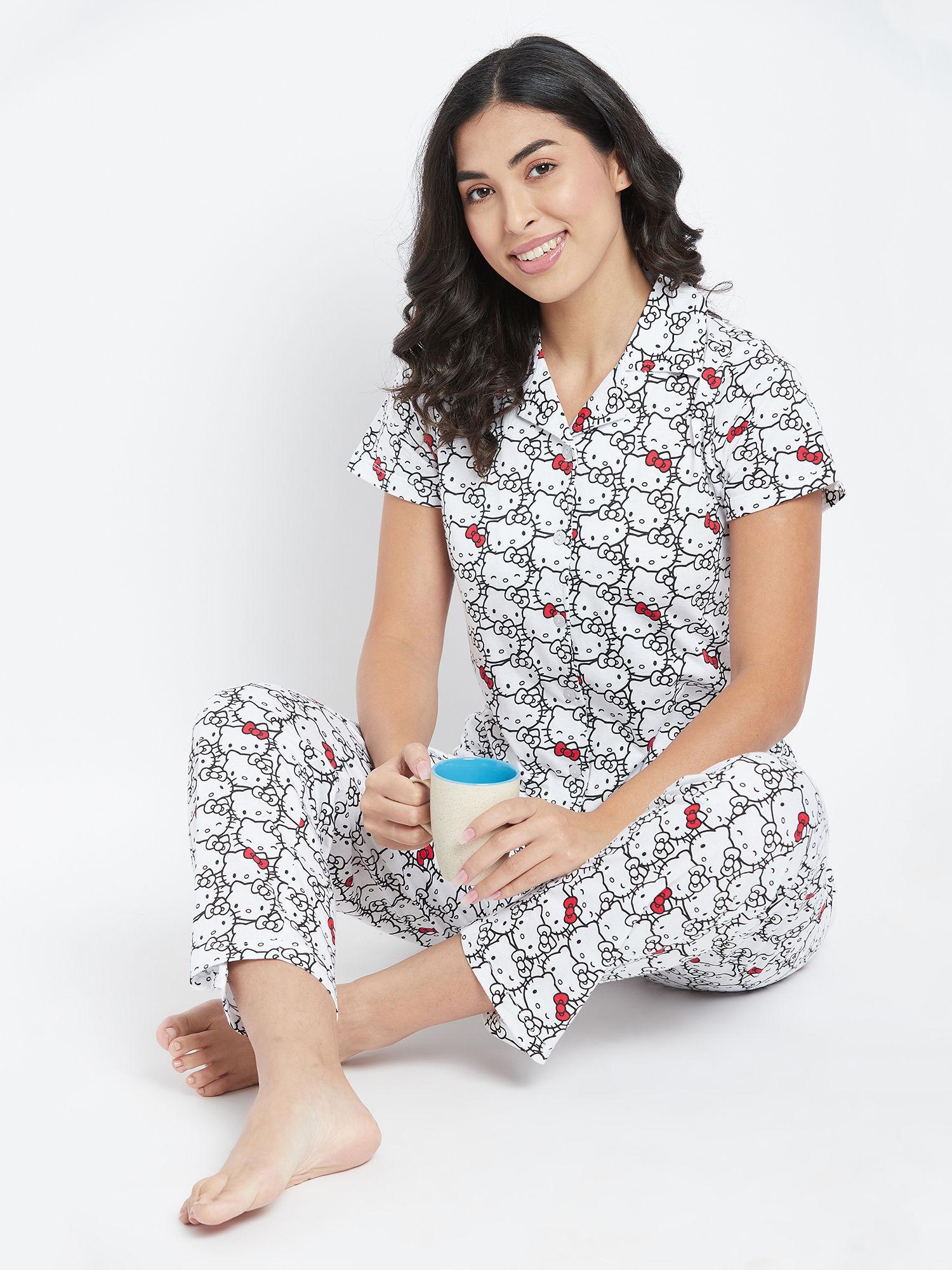 cotton hello kitty printed button down shirt & pyjama set - white (xl)