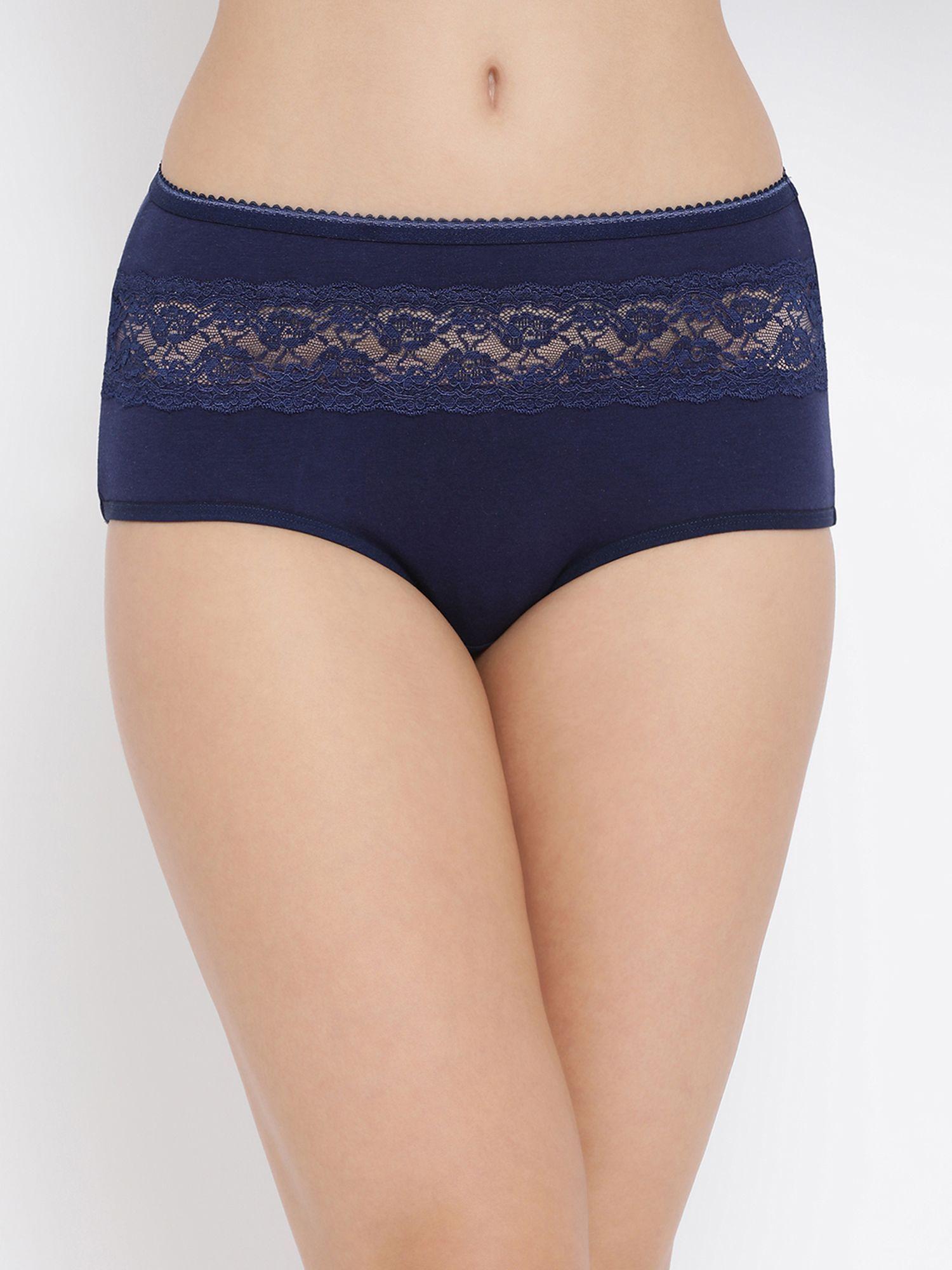 cotton high waist hipster panty with lace insert navy blue