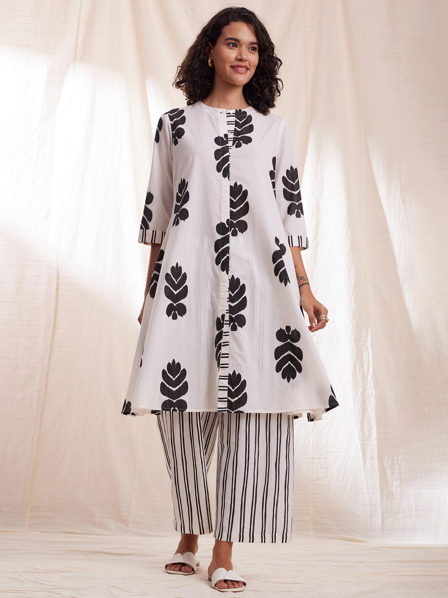 cotton ikat a-line kurta - black & white (set of 2)