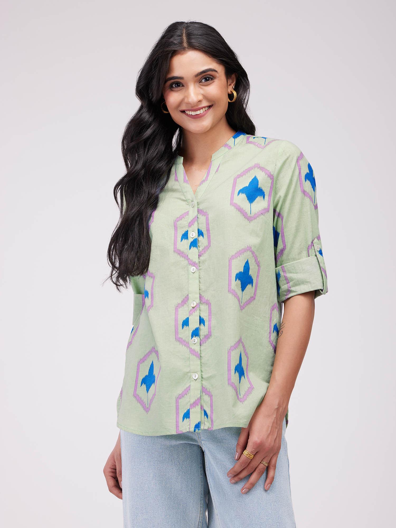 cotton ikat buttoned shirt- green & blue