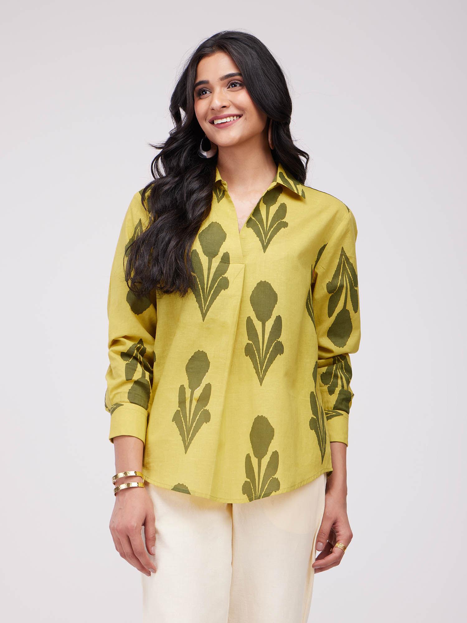 cotton ikat pleated top- yellow & green