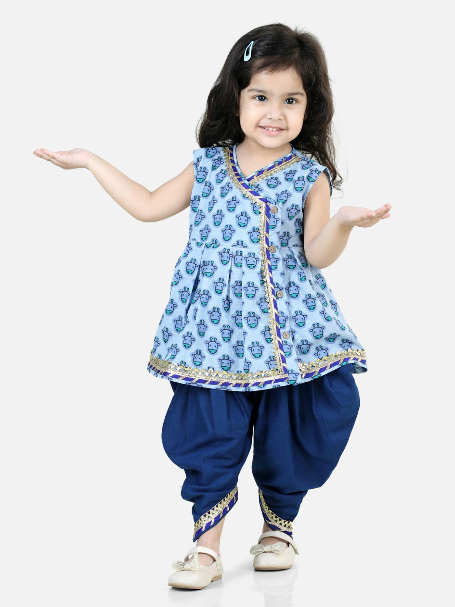 cotton indo western printed top with dhoti for girls-blue (set of 2)