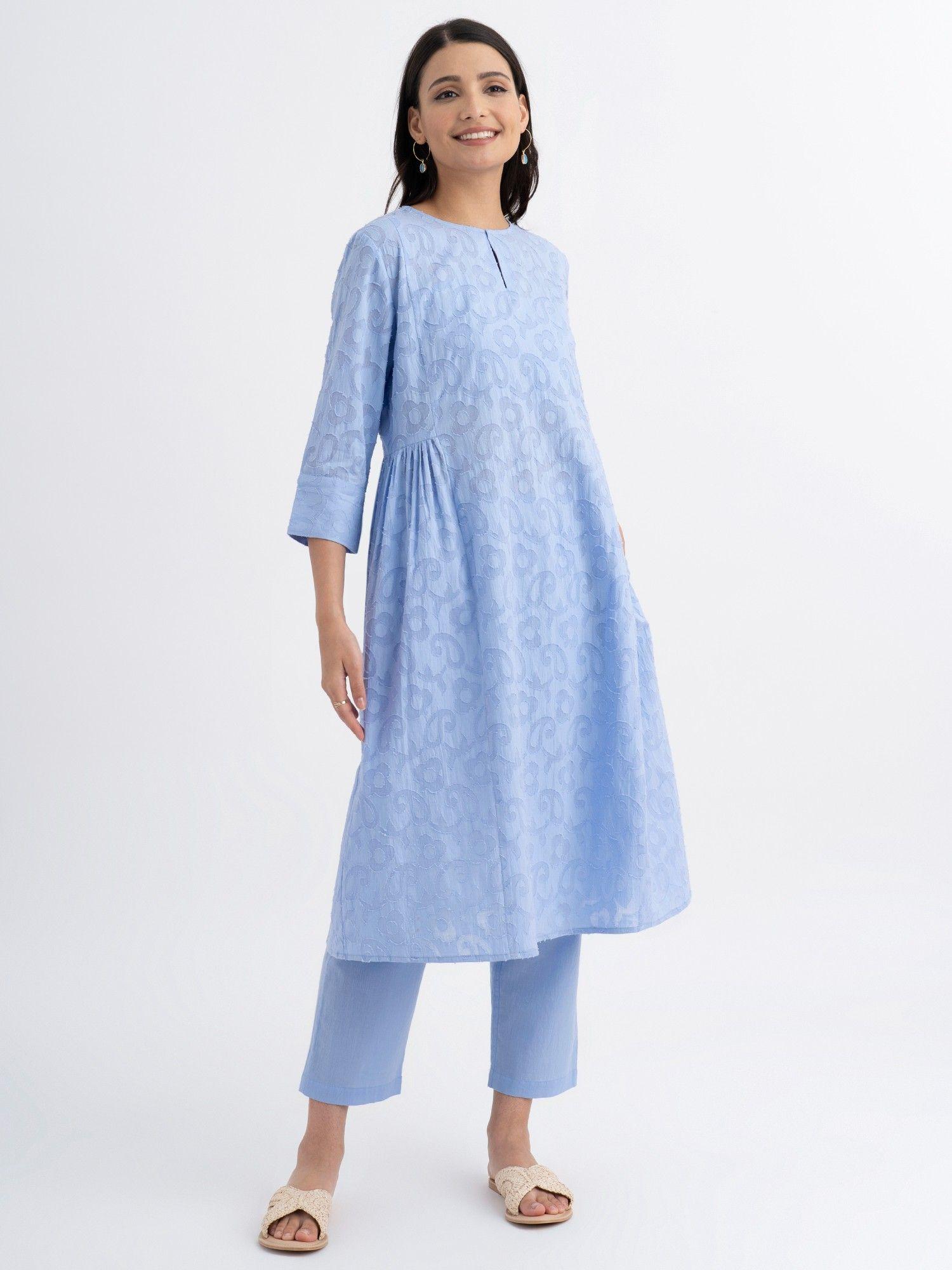 cotton jacquard a line kurta light blue