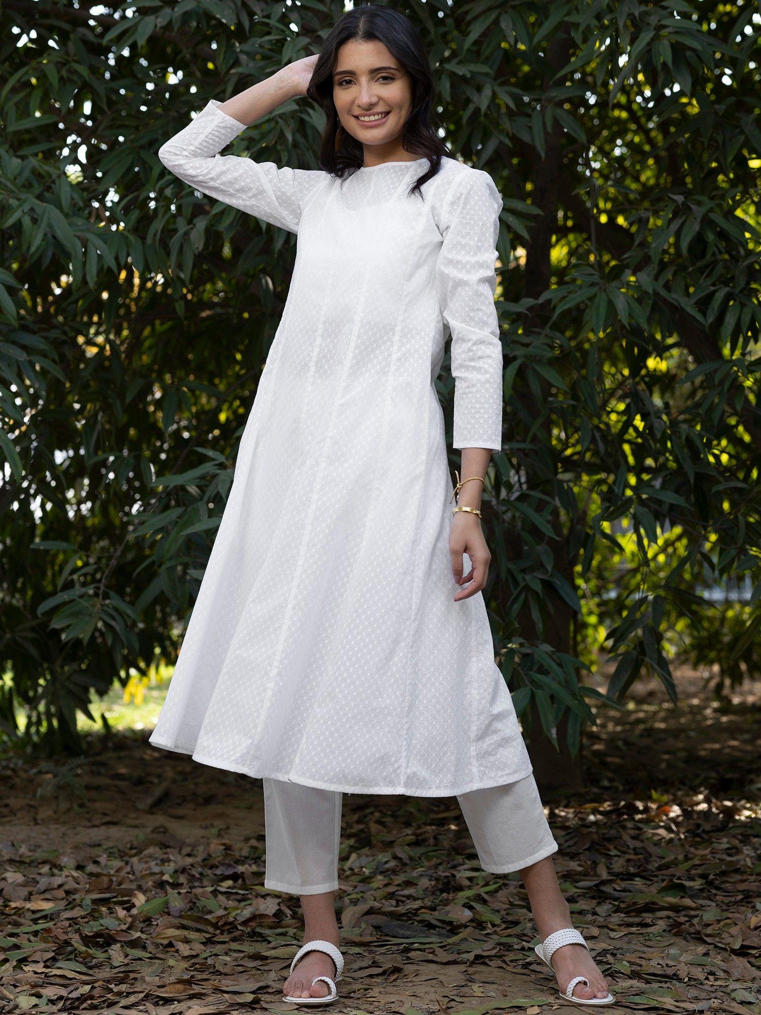 cotton jacquard anarkali kurta with slip blouse - white