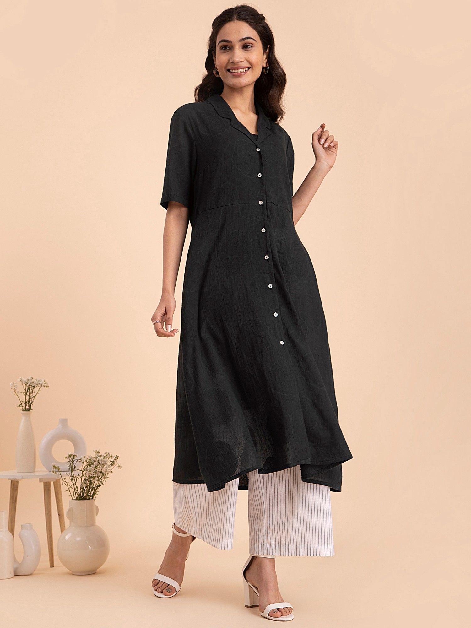 cotton jacquard flared kurta - black