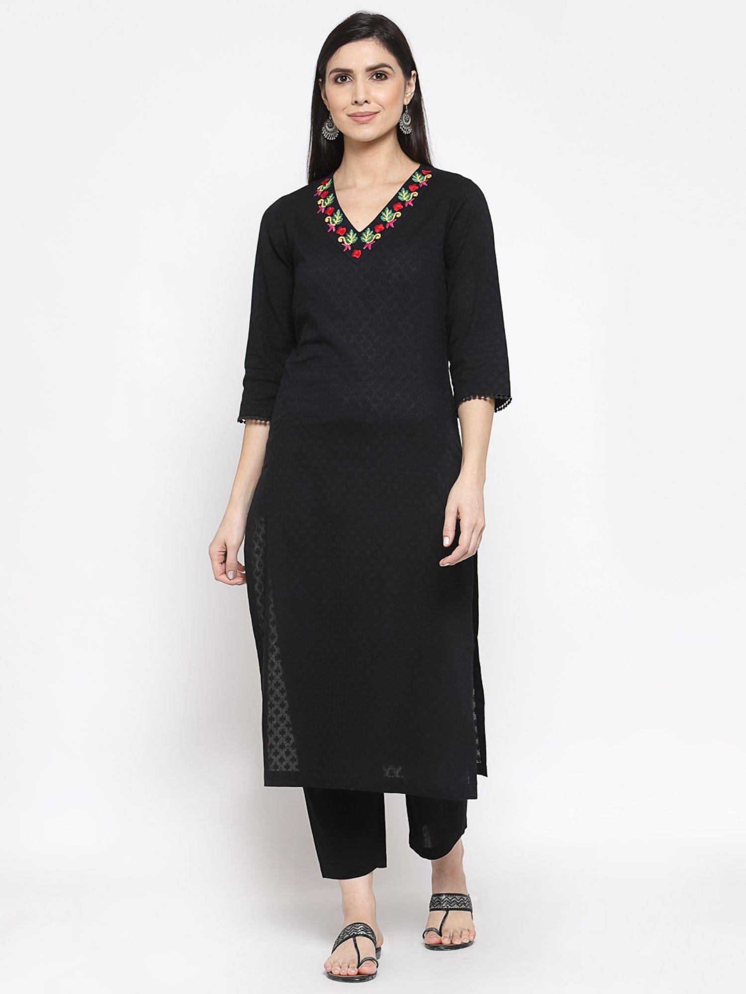 cotton jacquard kurta with hand embroidery black