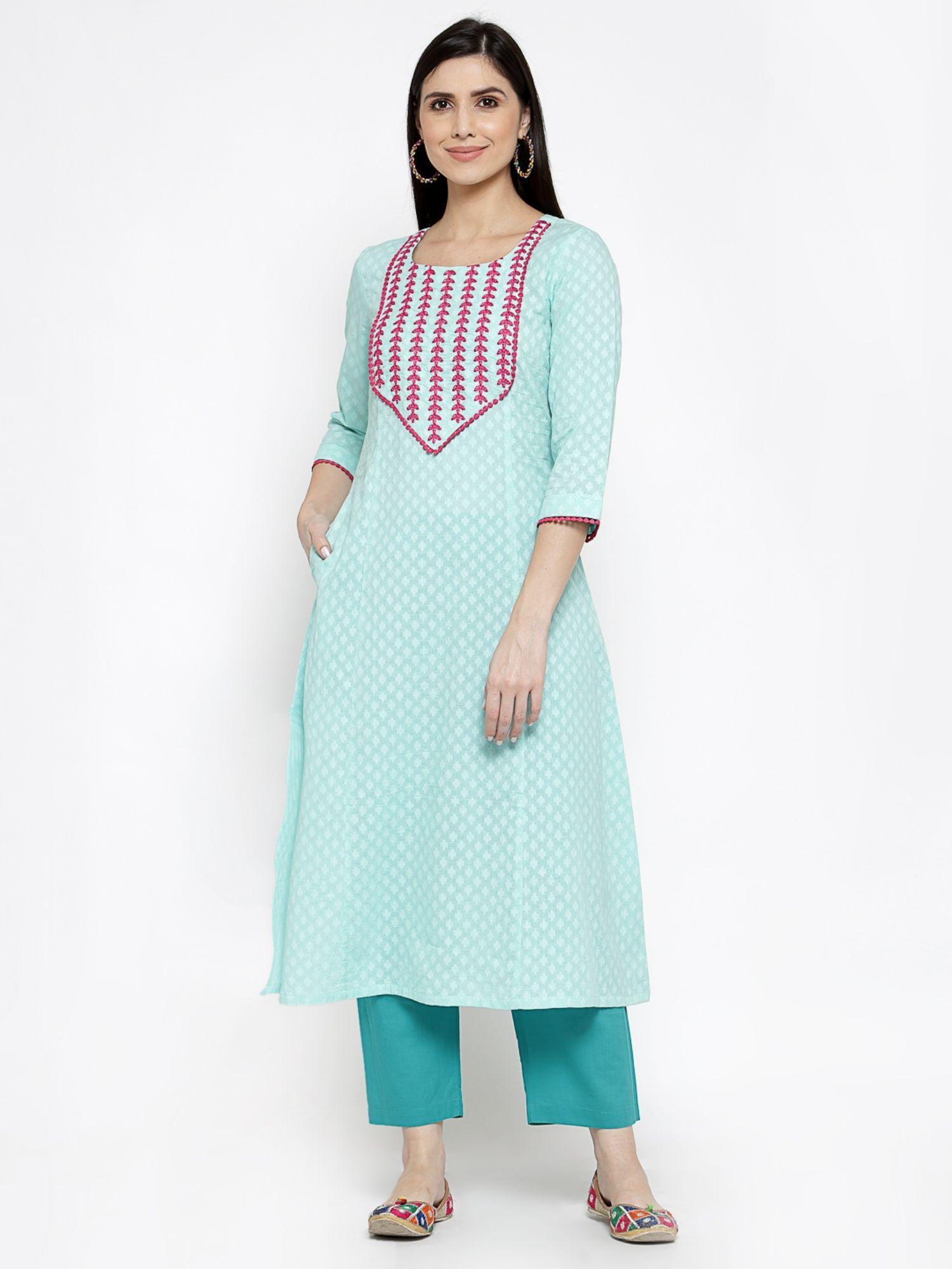 cotton jacquard kurta with hand embroidery blue