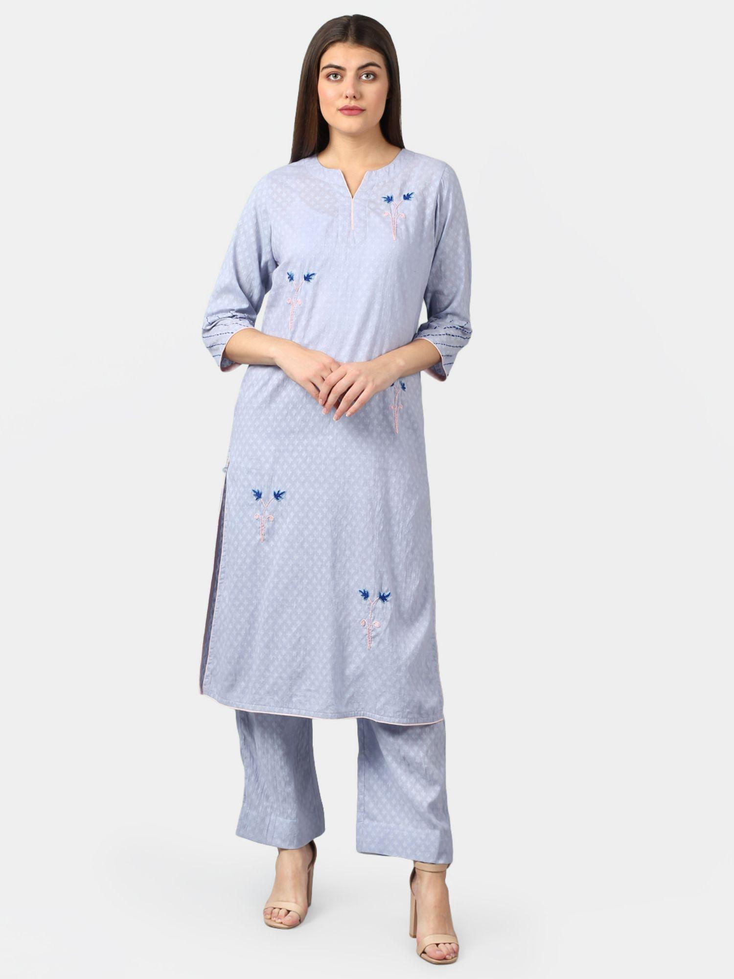 cotton jacquard kurta with hand embroidery blue