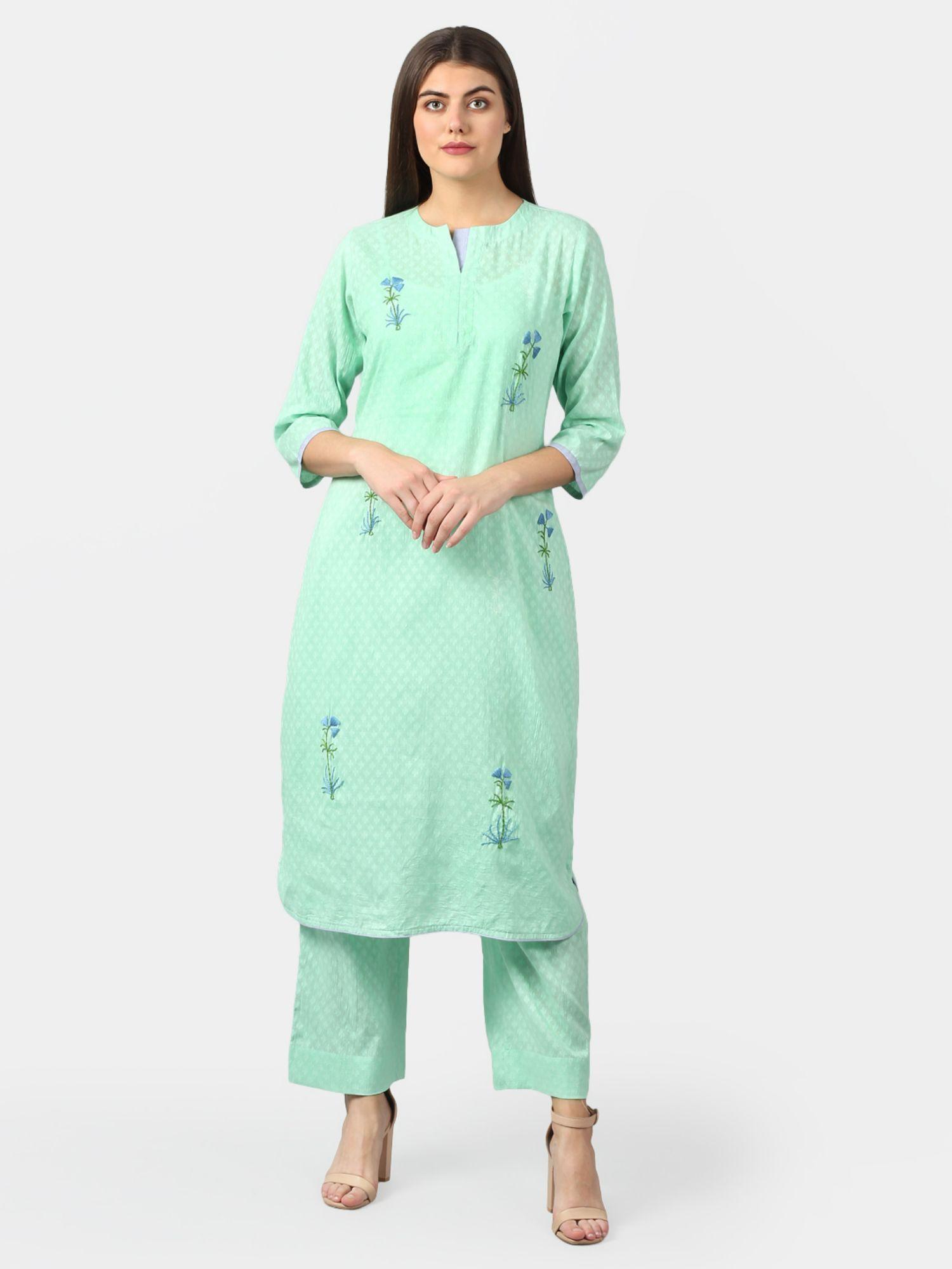 cotton jacquard kurta with hand embroidery green