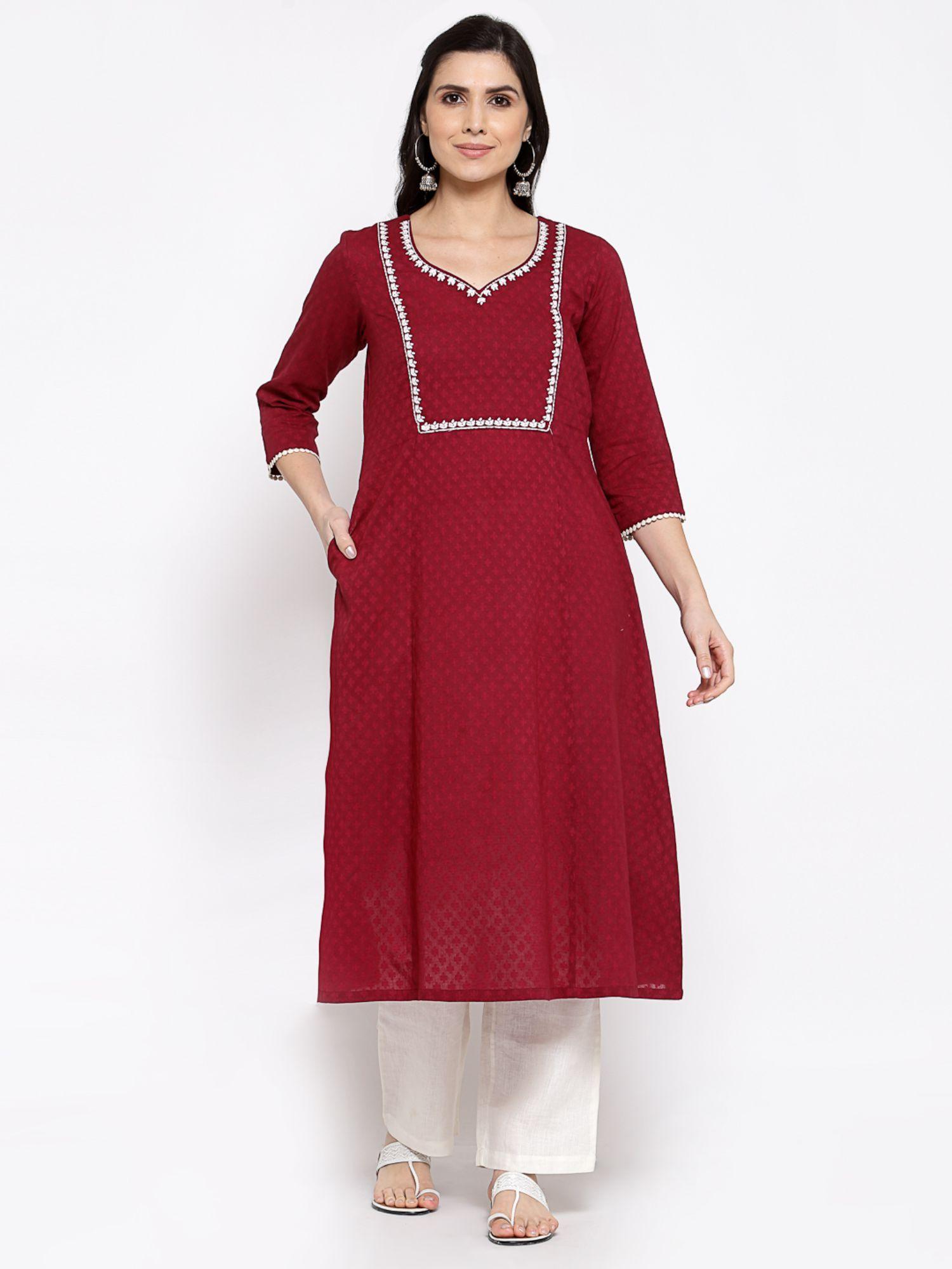 cotton jacquard kurta with hand embroidery maroon