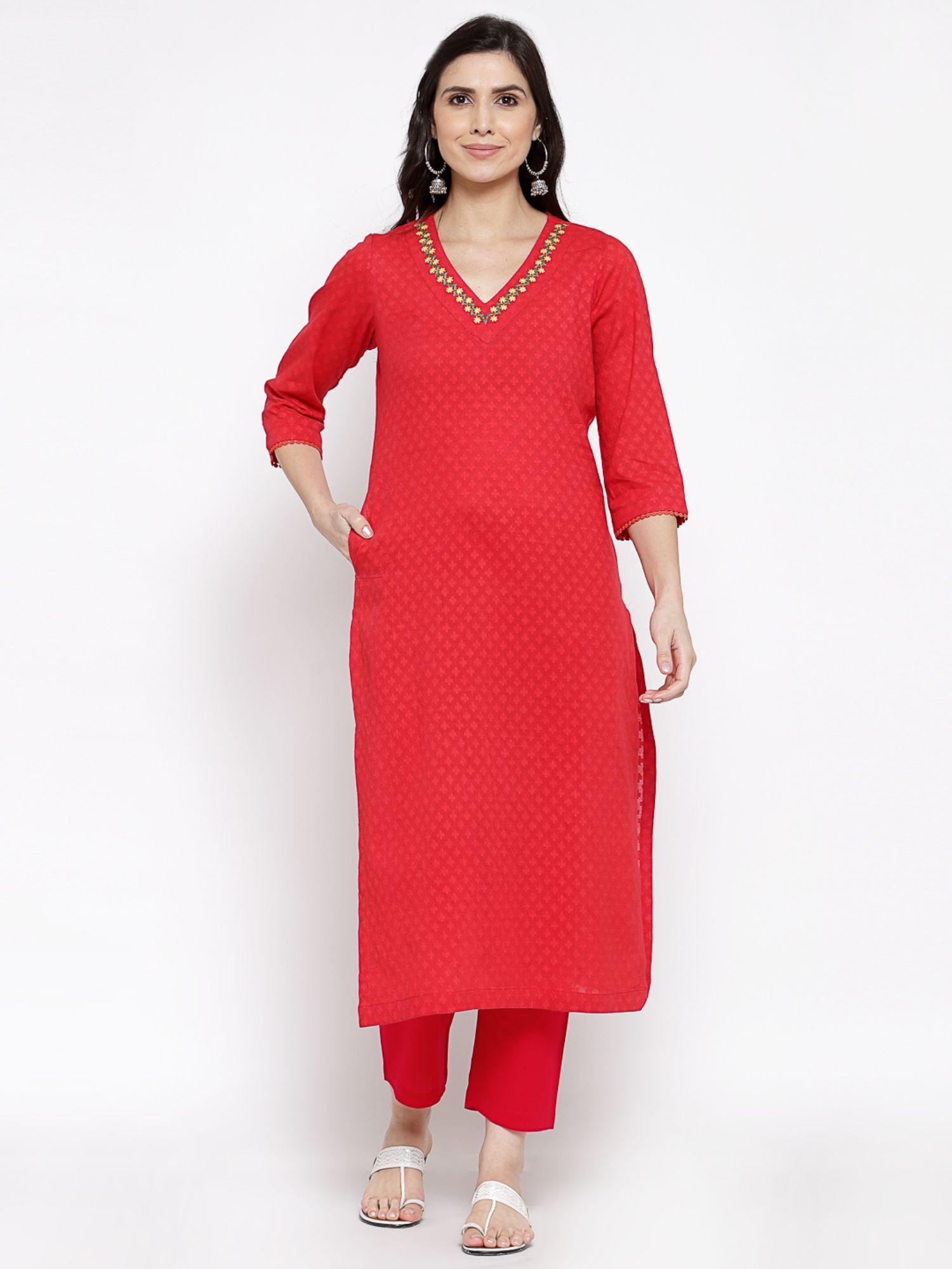 cotton jacquard kurta with hand embroidery red