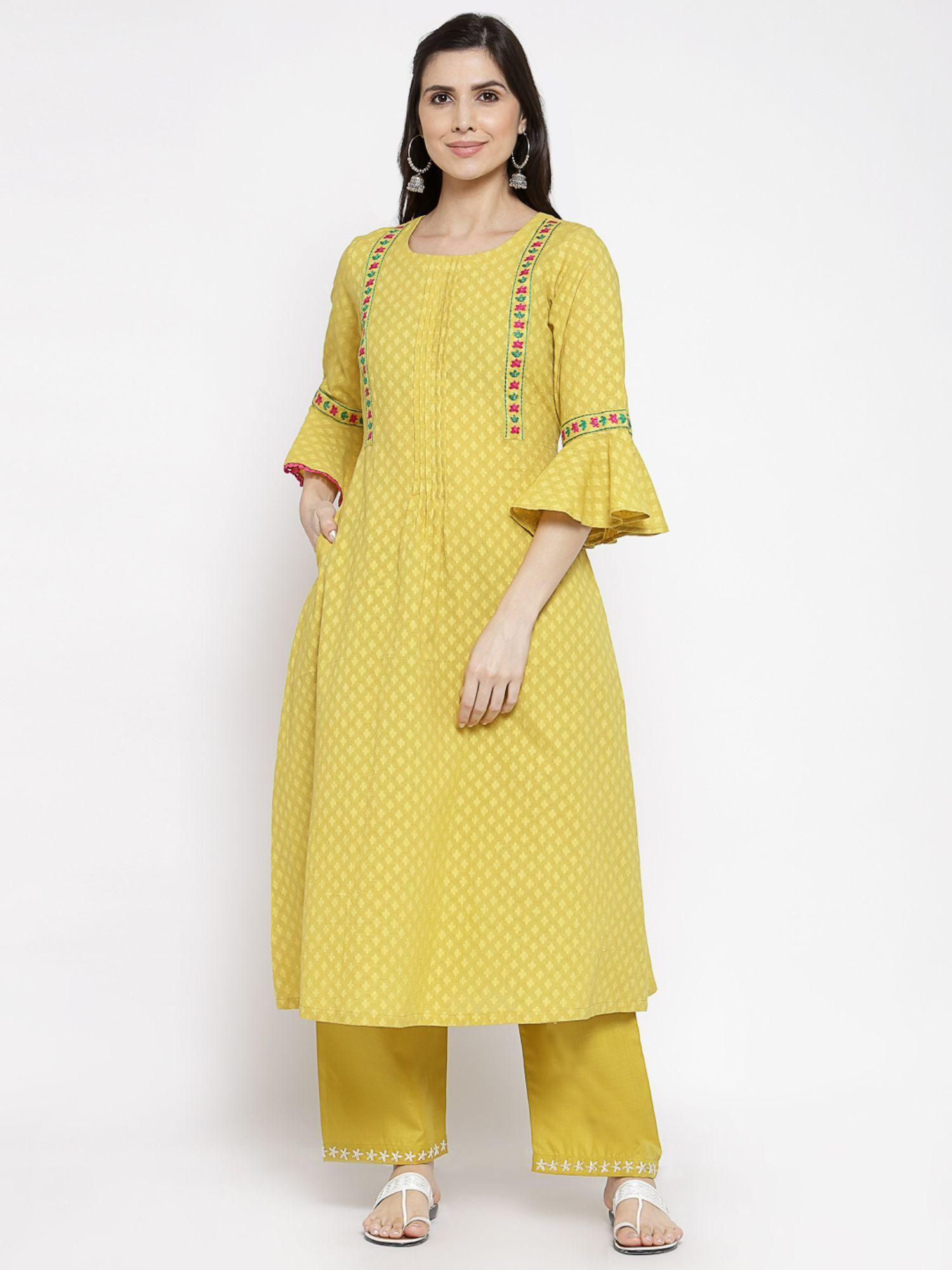 cotton jacquard kurta with hand embroidery yellow