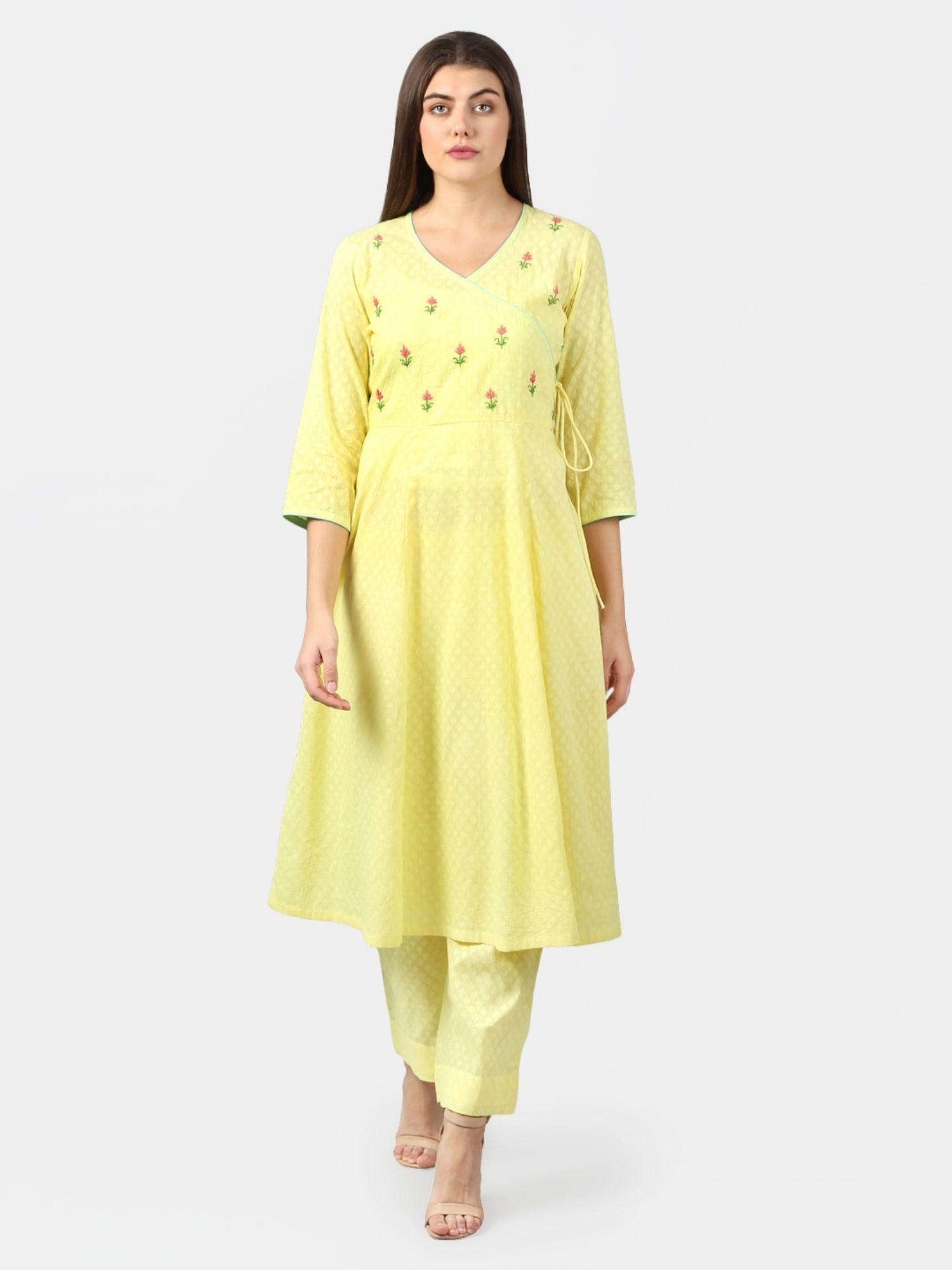 cotton jacquard kurta with hand embroidery yellow