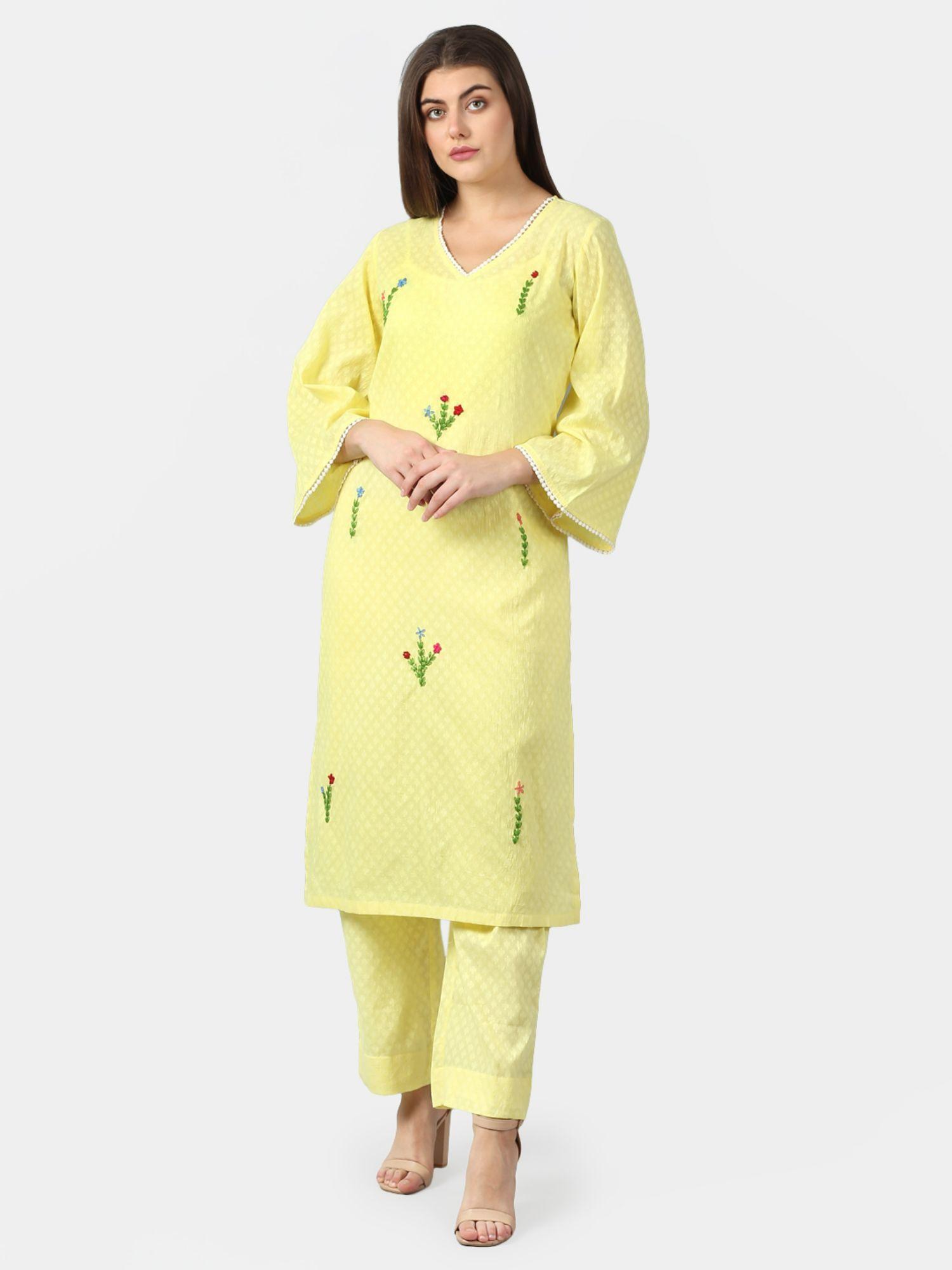 cotton jacquard kurta with hand embroidery yellow