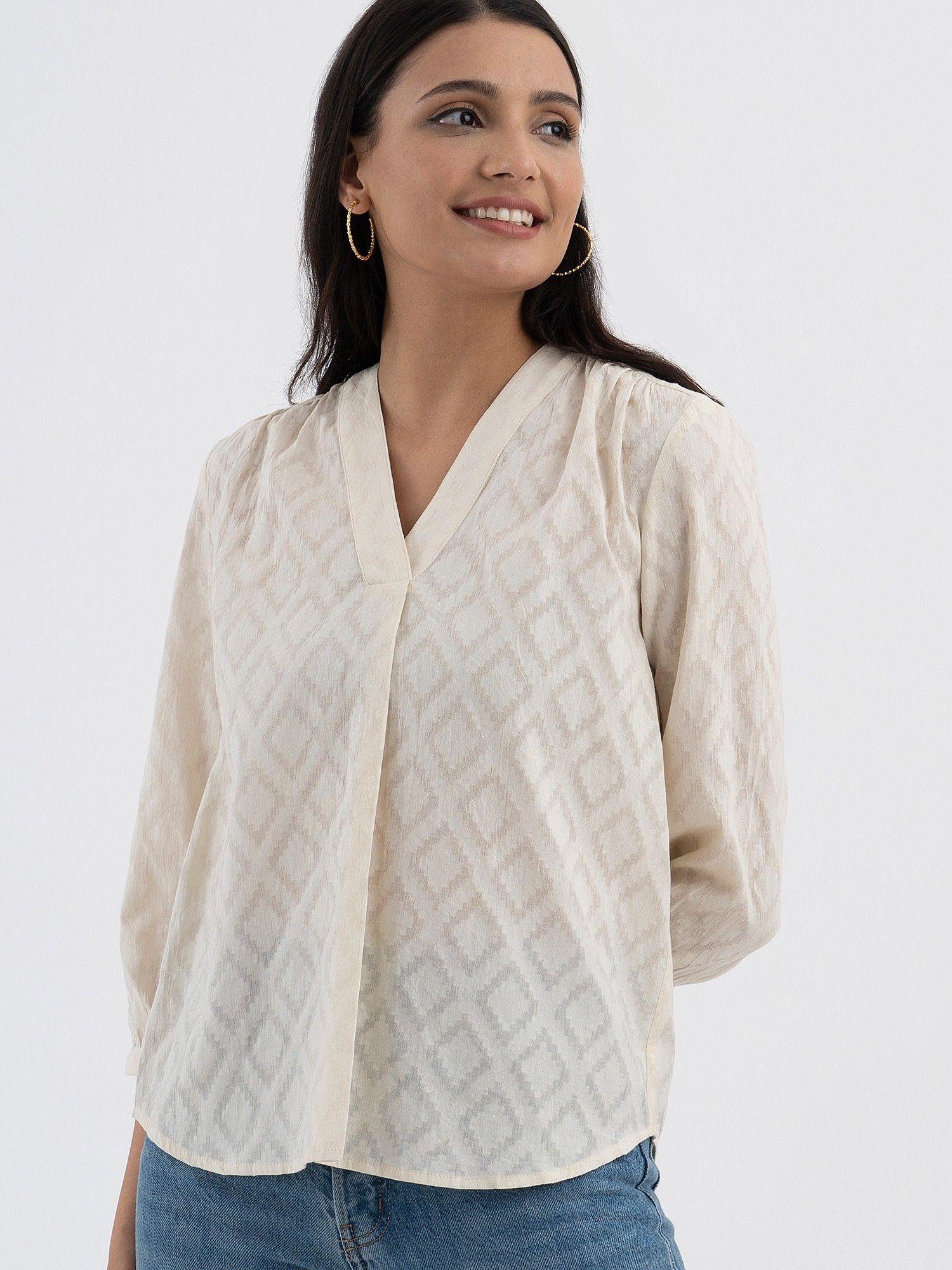 cotton jacquard pleated top off white