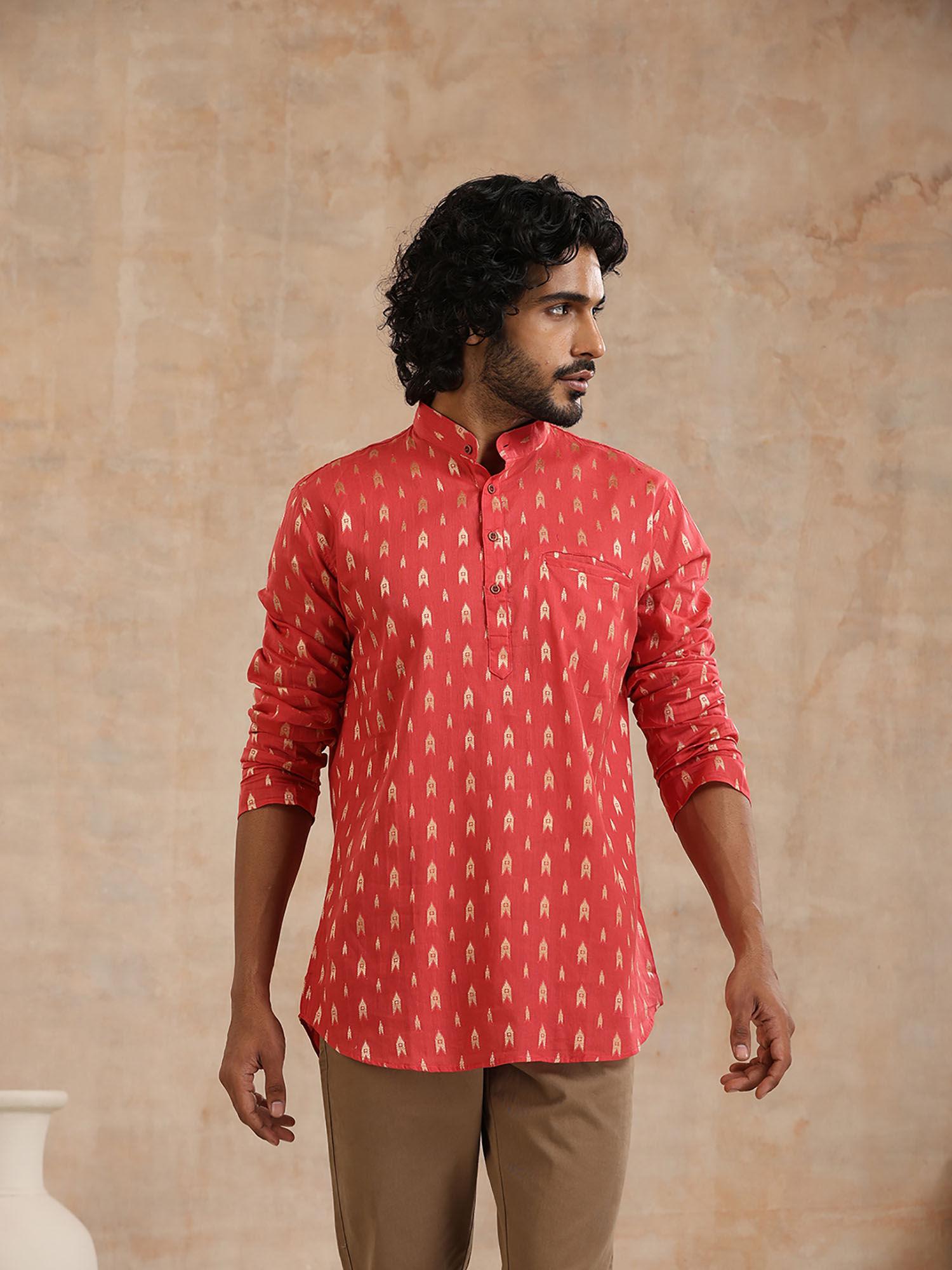 cotton jacquard solid mens short kurta - pink