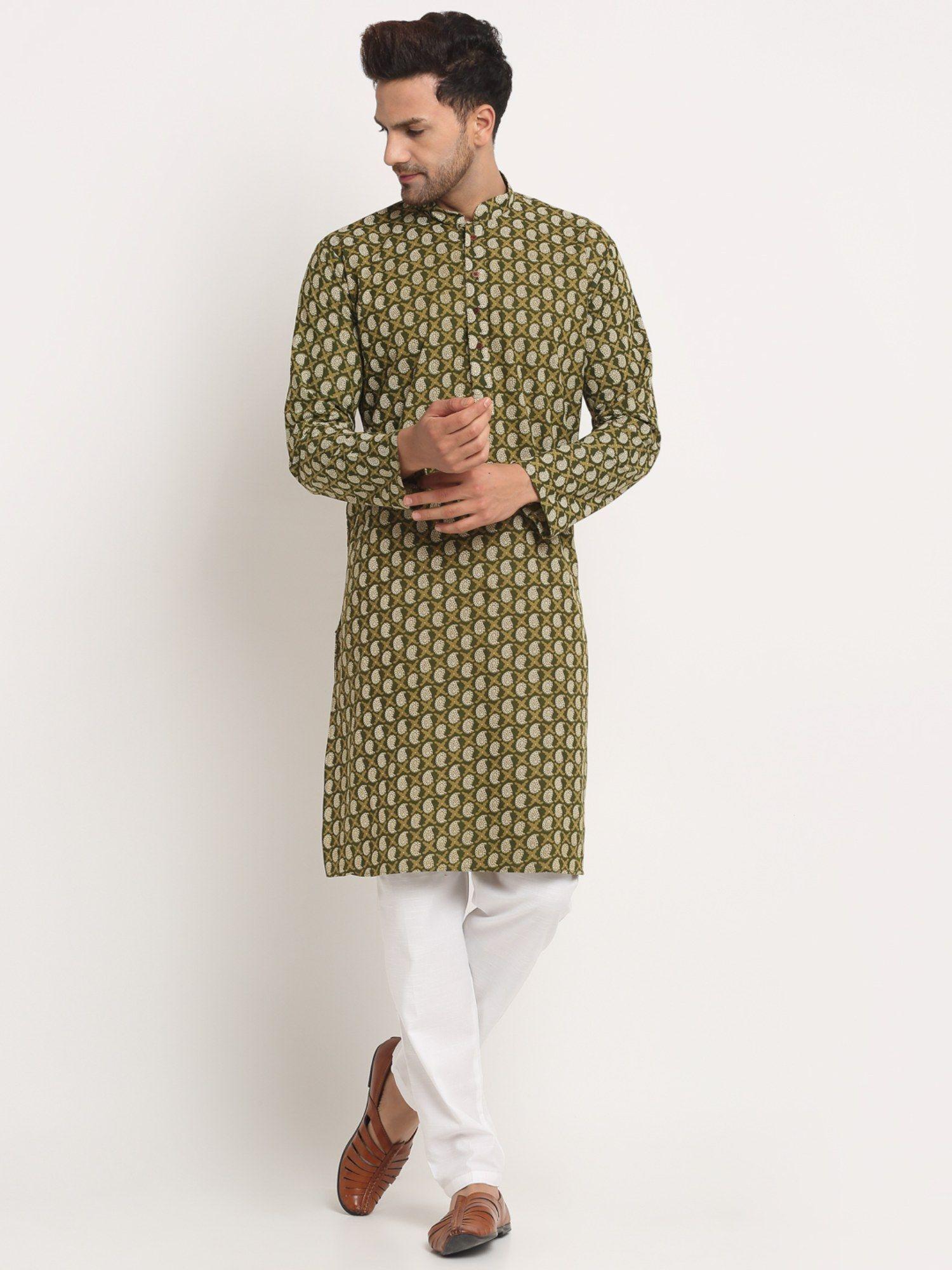 cotton jaipuri printed green knee length kurta pyjama (set of 2)