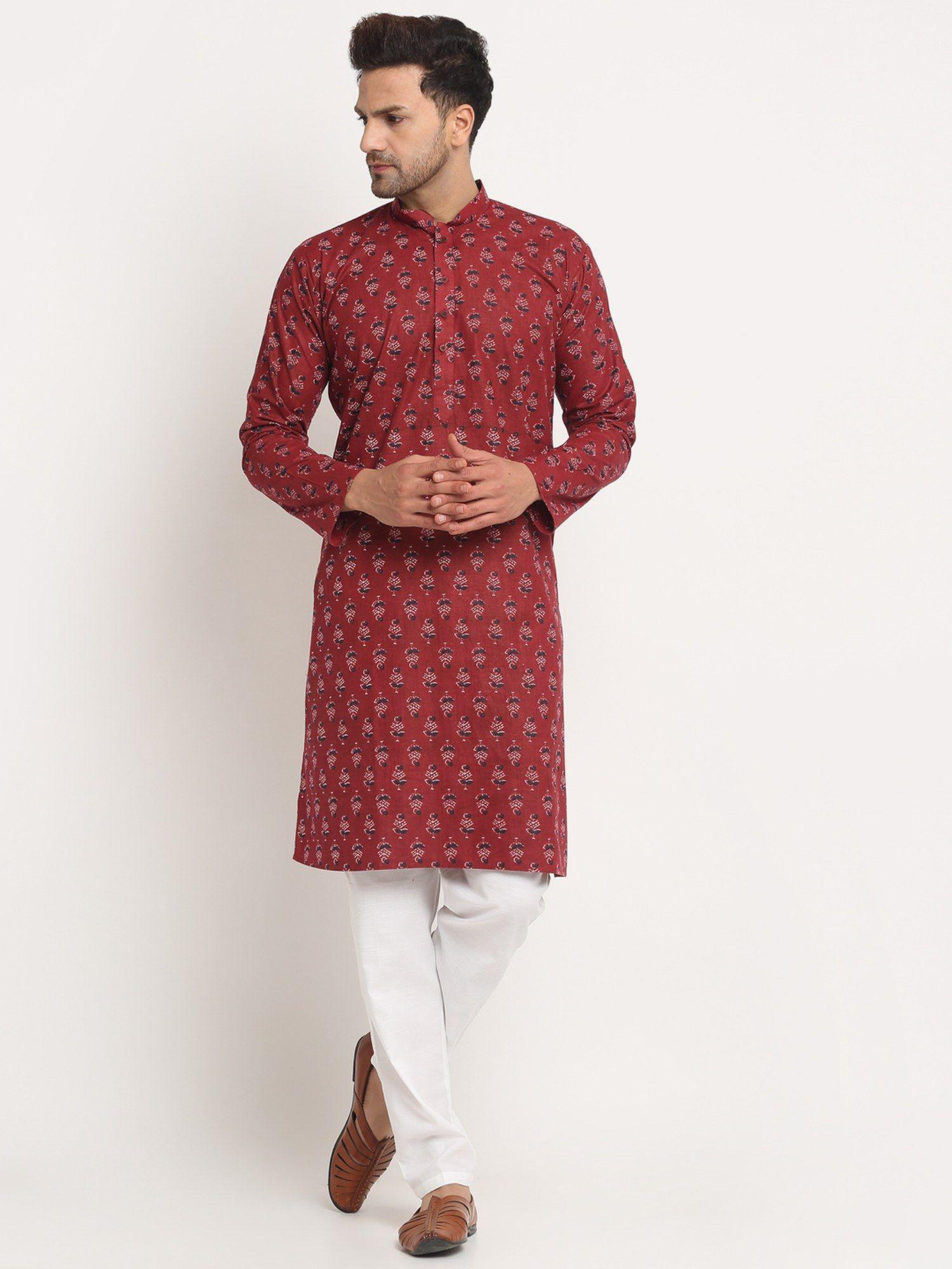 cotton jaipuri printed maroon knee length kurta pyjama (set of 2)