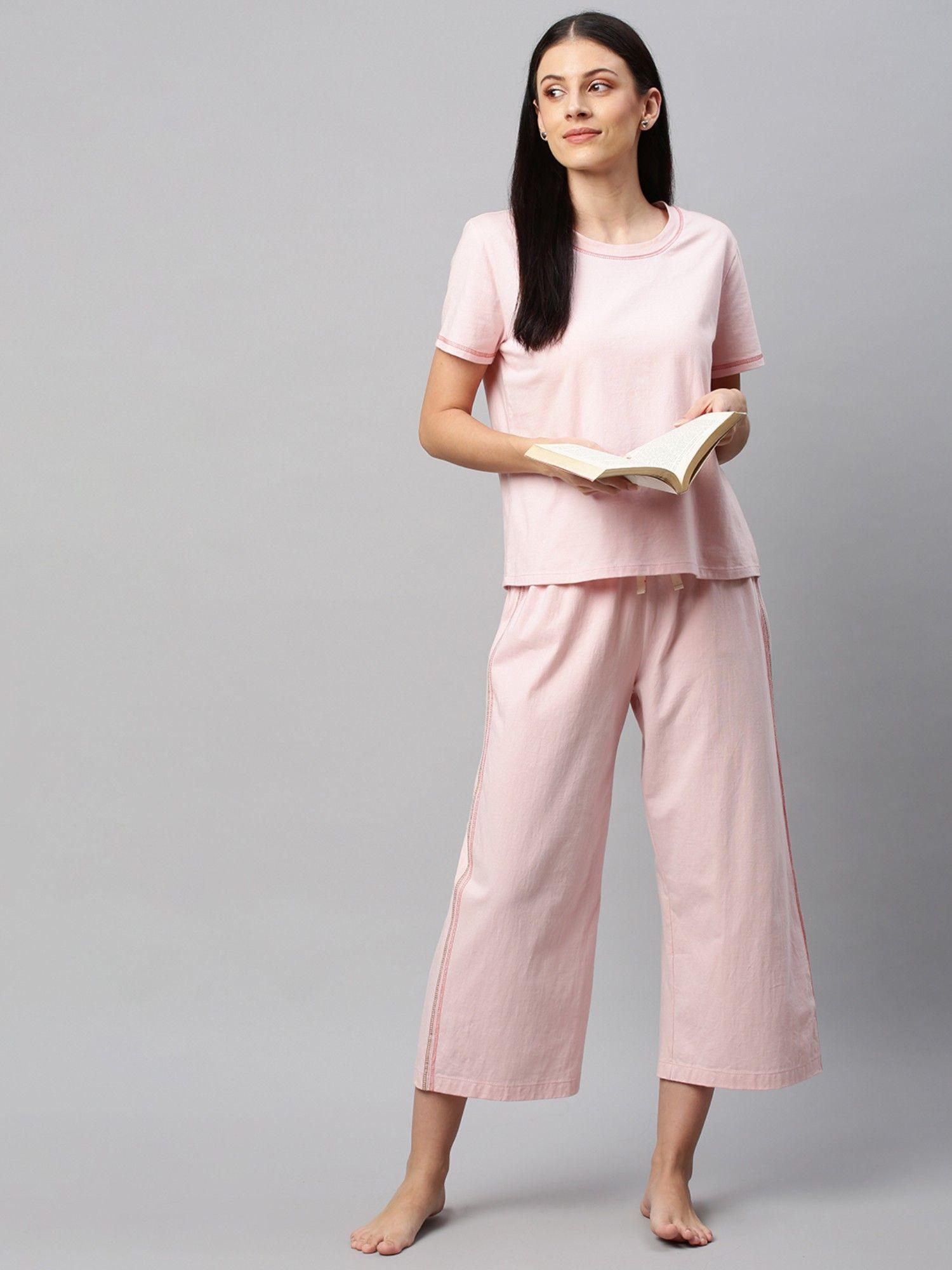 cotton jersey nightsuit with contrast detailing - pink