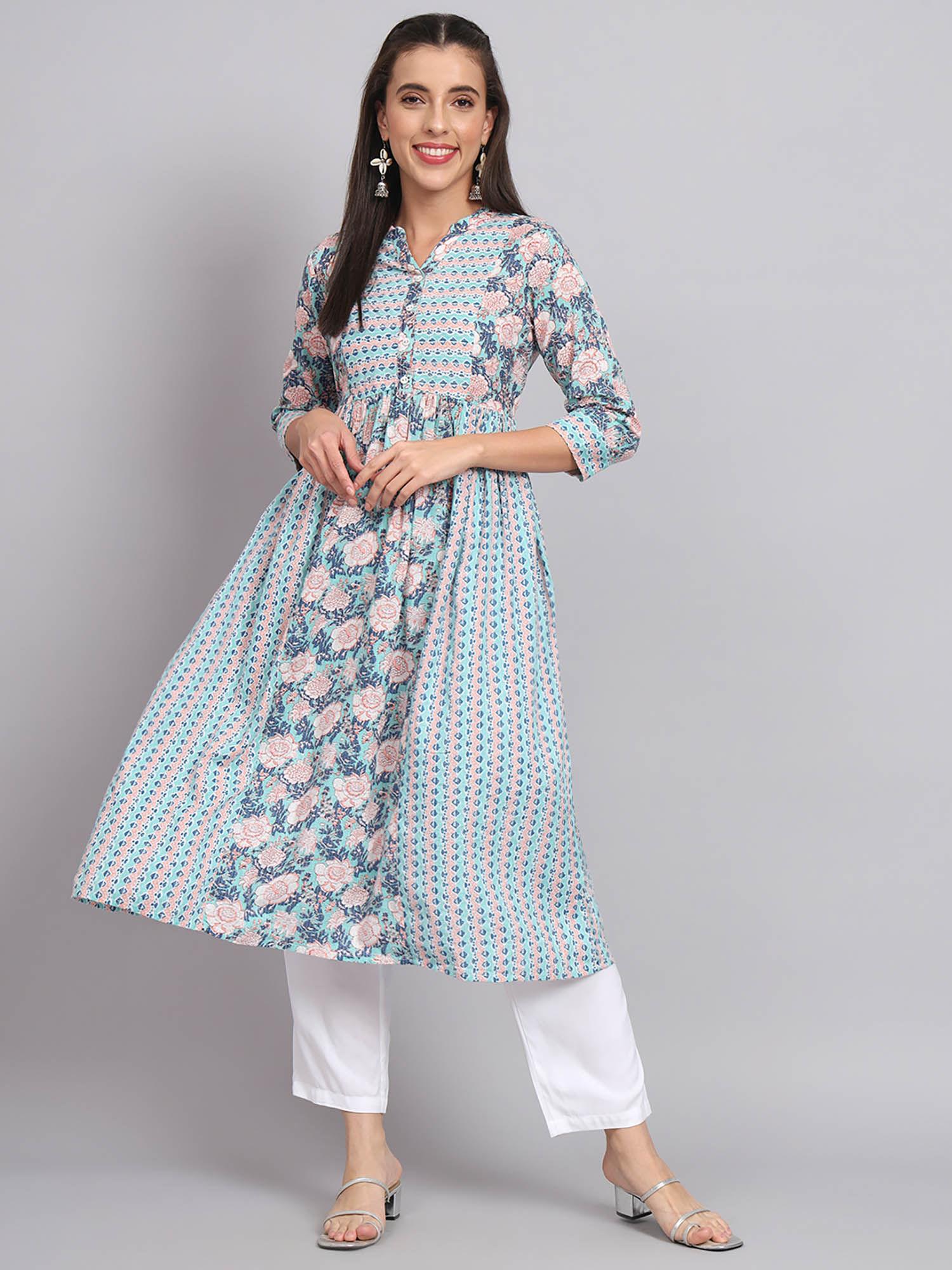 cotton kantha floral printed anarkali kurta