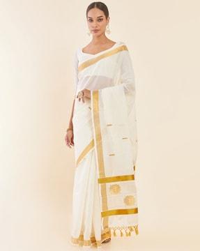 cotton kasavu saree with zari woven border & motifs