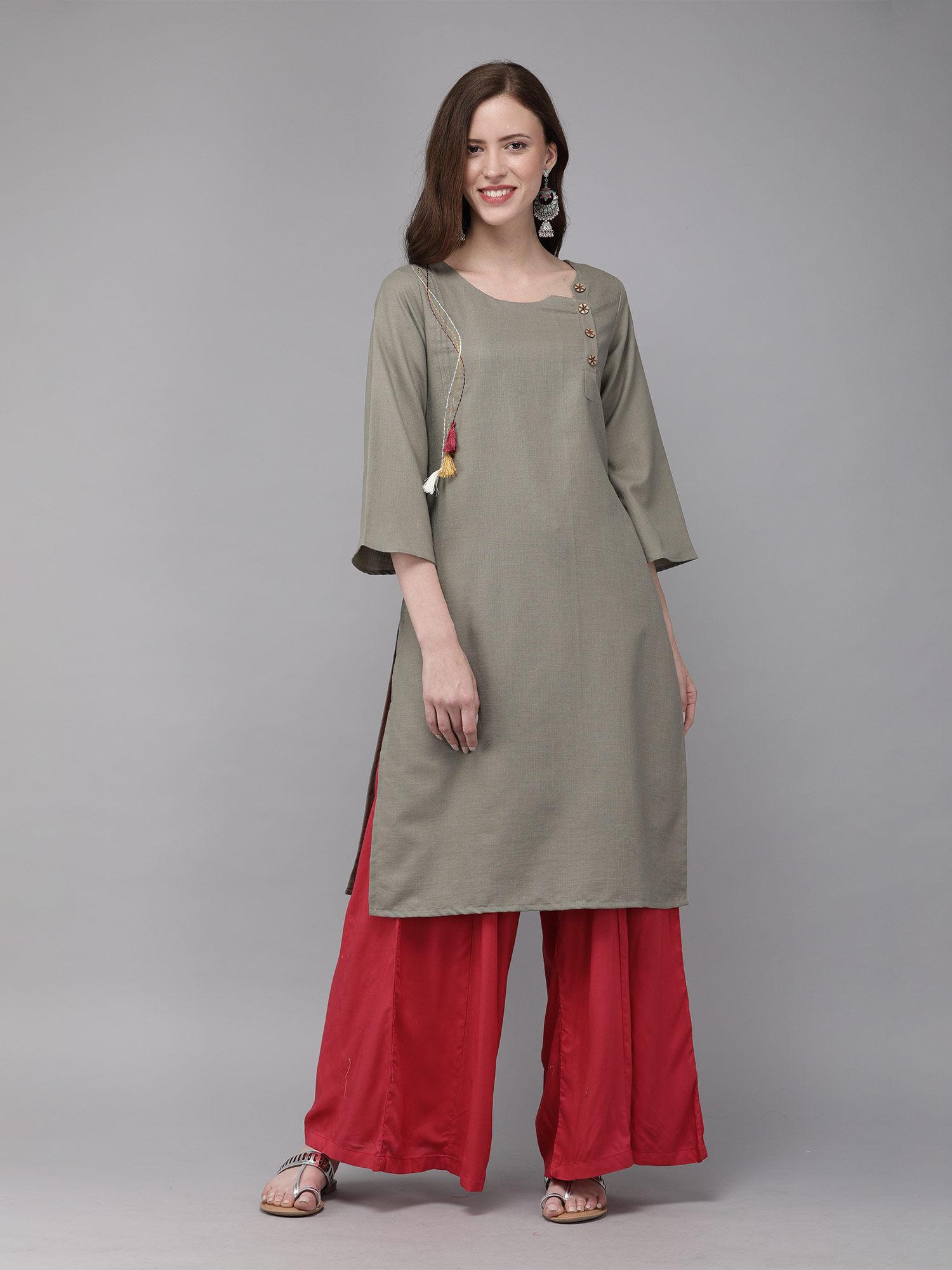 cotton khaki embroidered straight casual kurta