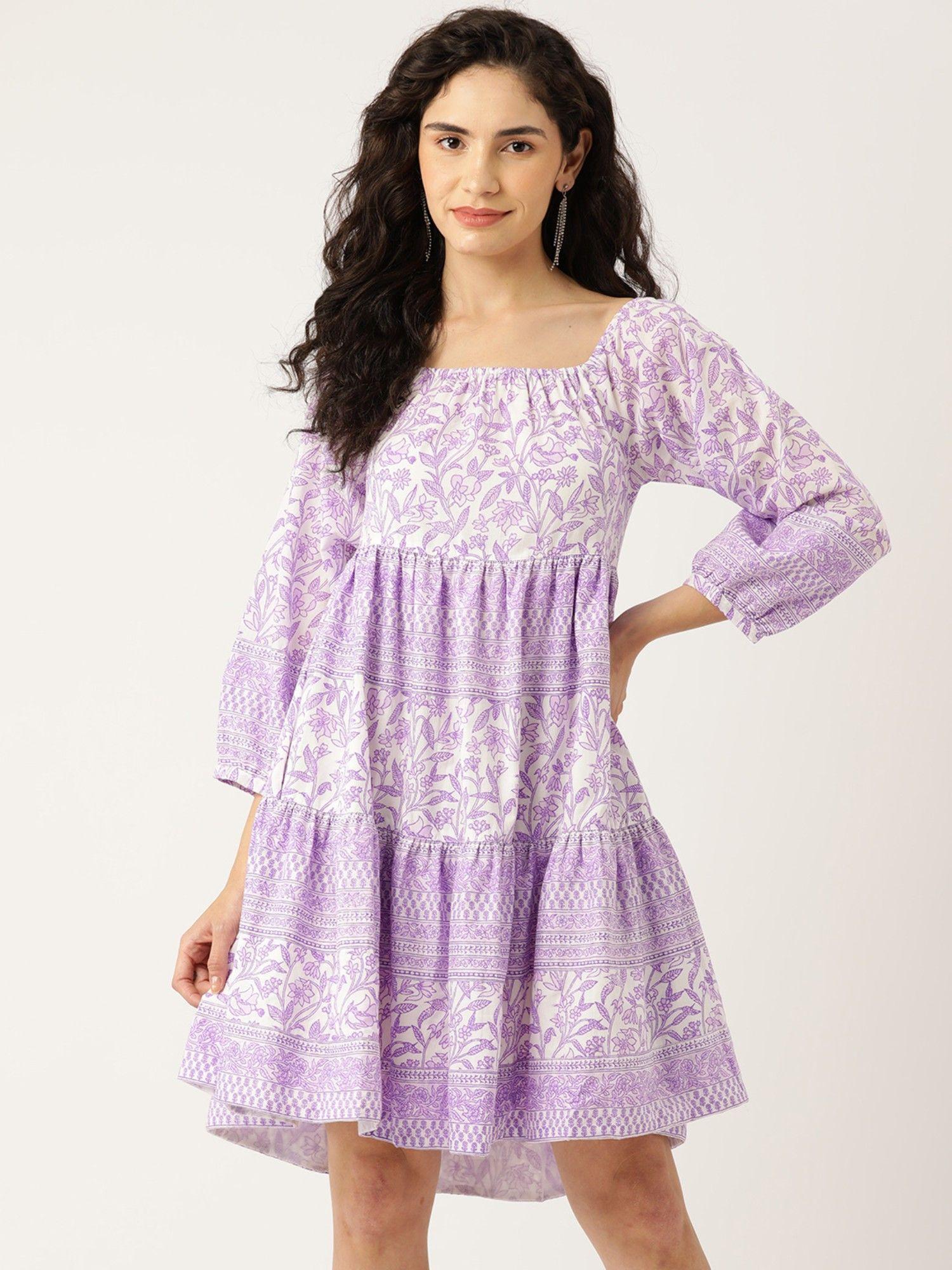 cotton lavender printed square neck three fourth sleeves women dresses