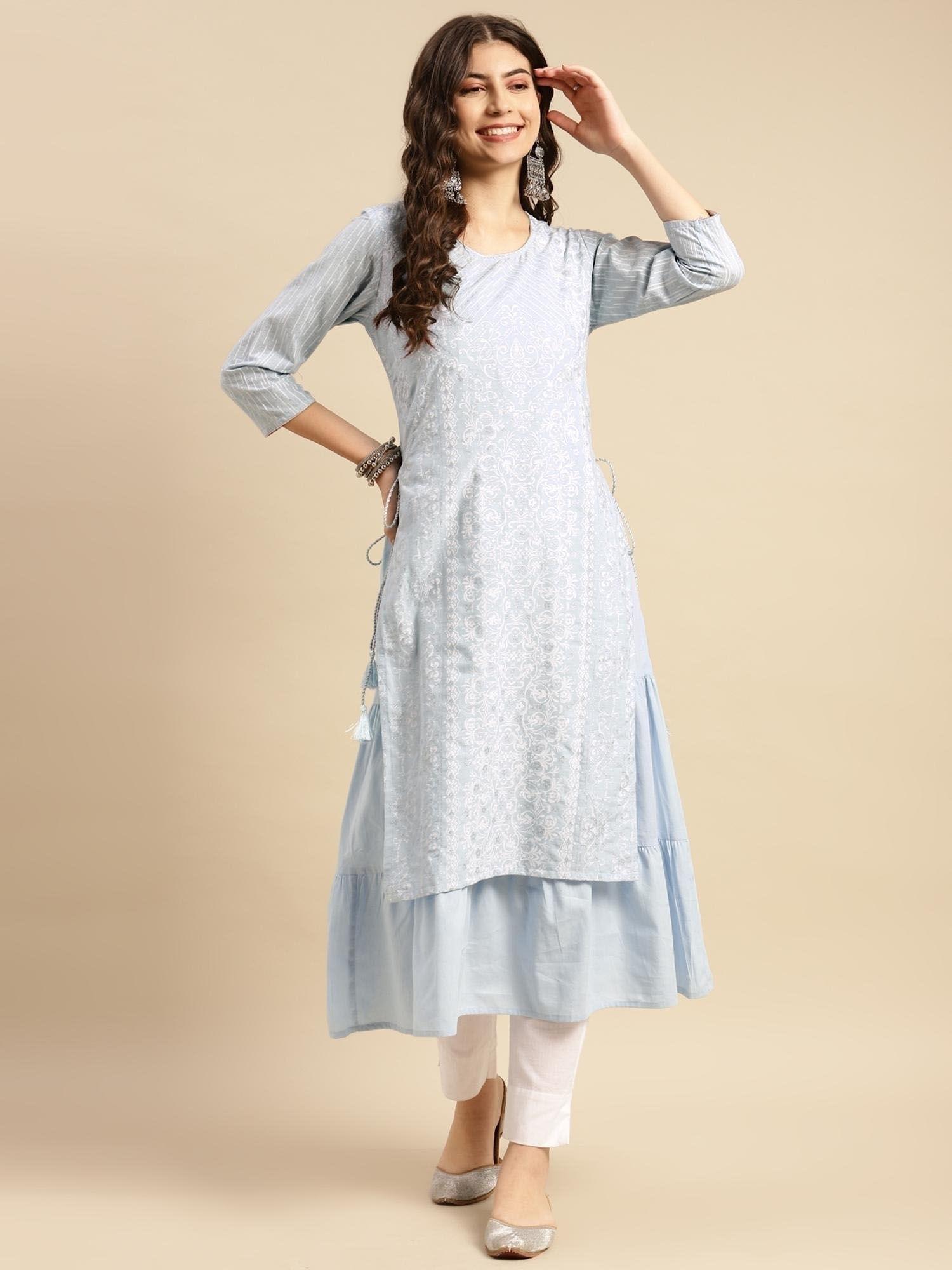 cotton light blue ethnic silver printed ankle length partywear layered kurta