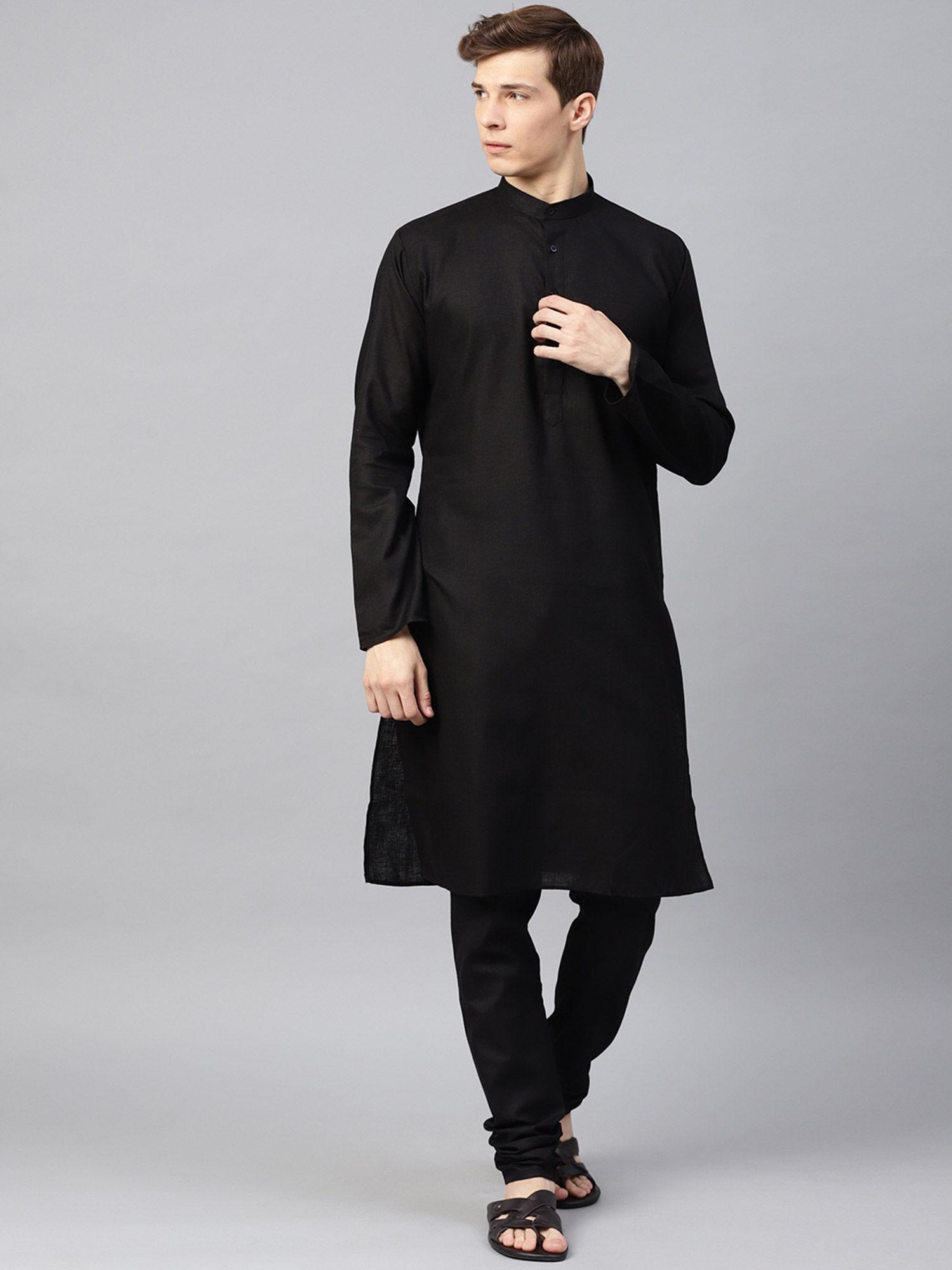 cotton linen black kurta and churidar pyjama (set of 2)