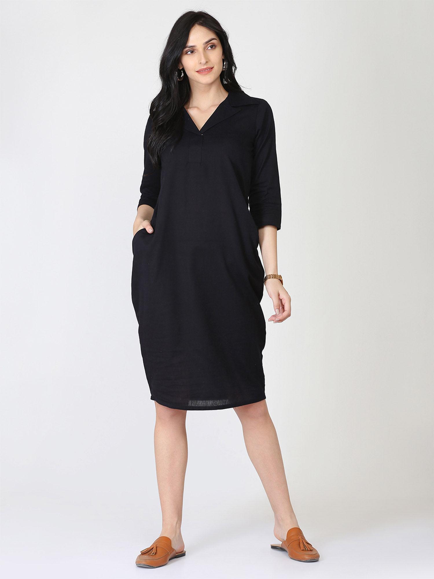 cotton linen black tulip dress