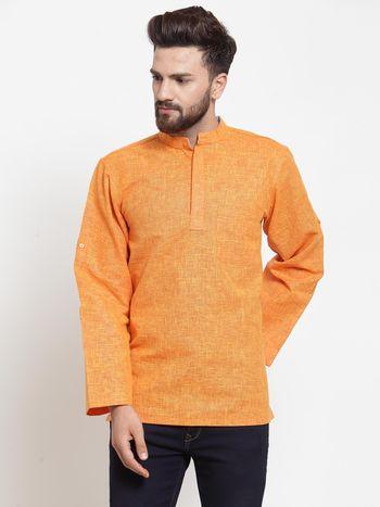 cotton linen blend roll up sleeve short kurta for men - orange