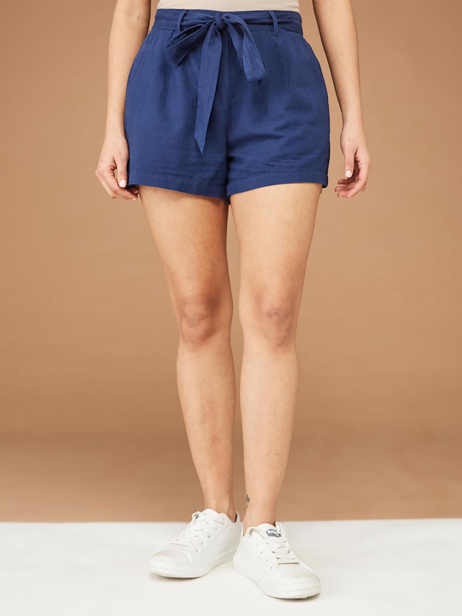 cotton linen blue solid thigh length mid-rise shorts with belt (set of 2)