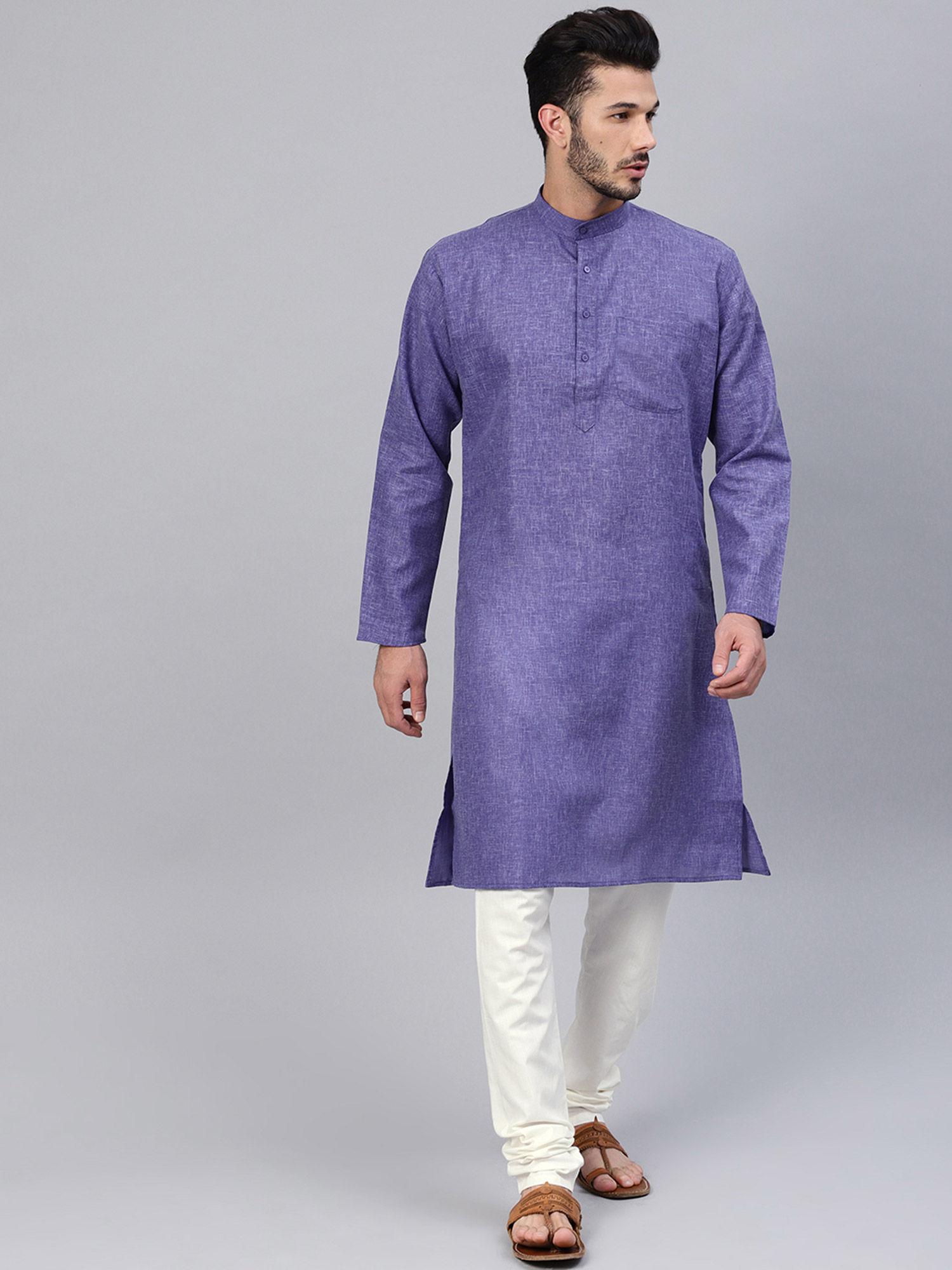 cotton linen indigo blue kurta and off white churidar pyjama (set of 2)