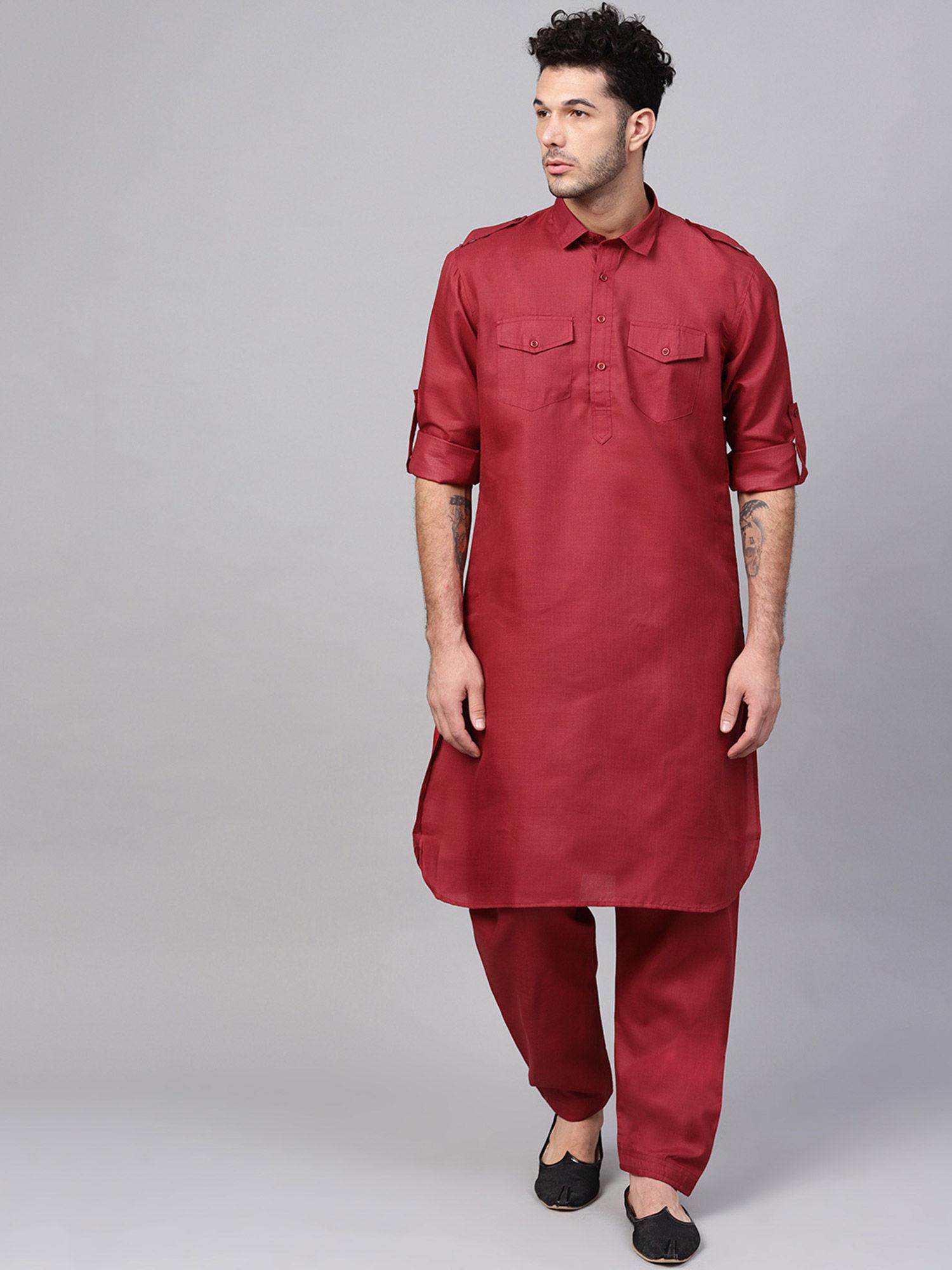 cotton linen maroon pathani kurta and salwar (set of 2)