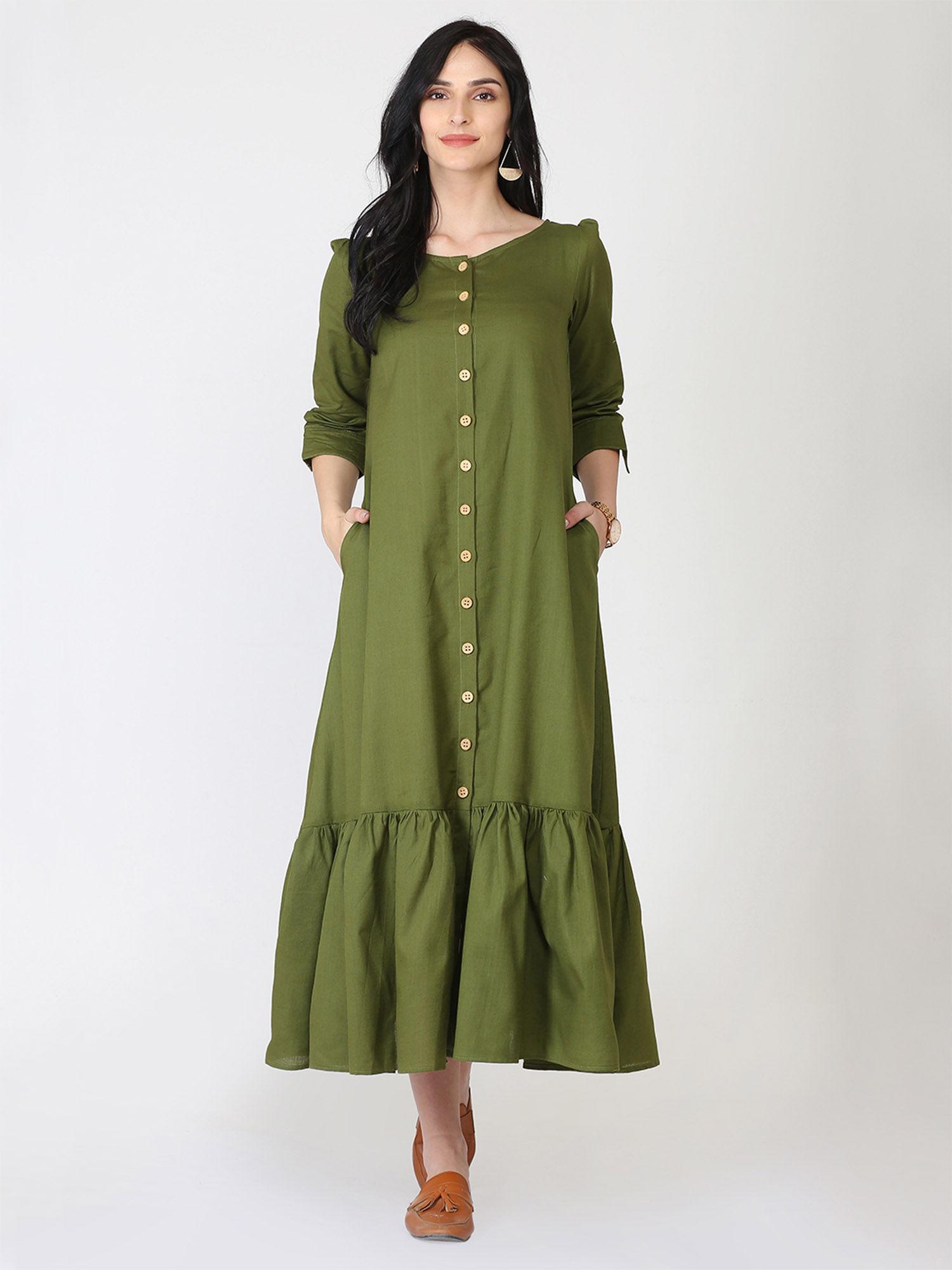 cotton linen olive front open pleated hem dress