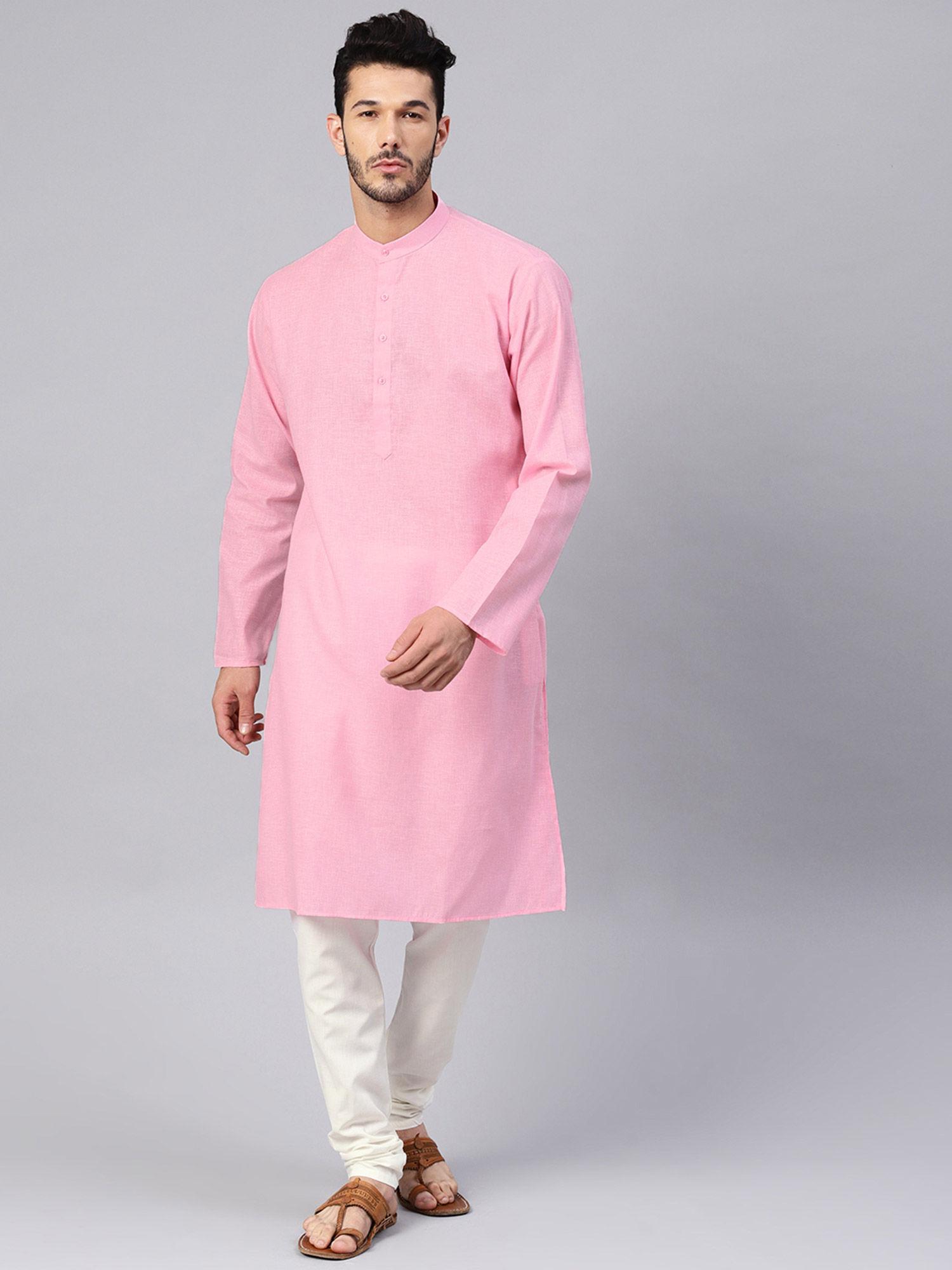 cotton linen pink kurta and off white churidar pyjama (set of 2)