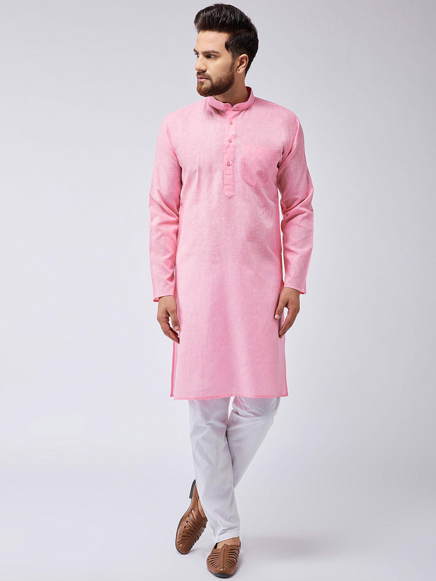 cotton linen pink kurta and white pyjama (set of 2)