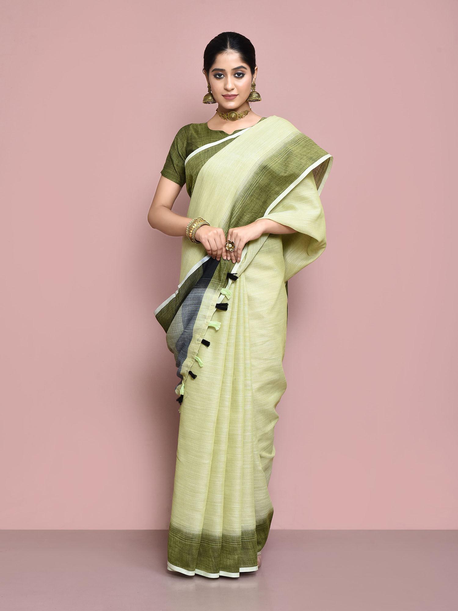 cotton linen plain bollywood designer saree with unstitched blouse