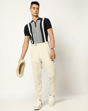 cotton linen pleat- front slim fit solid trousers