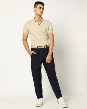 cotton linen pleat- front slim fit solid trousers