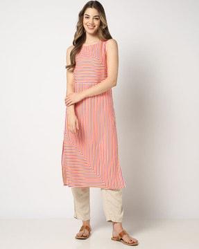 cotton linen stripe print straight kurta